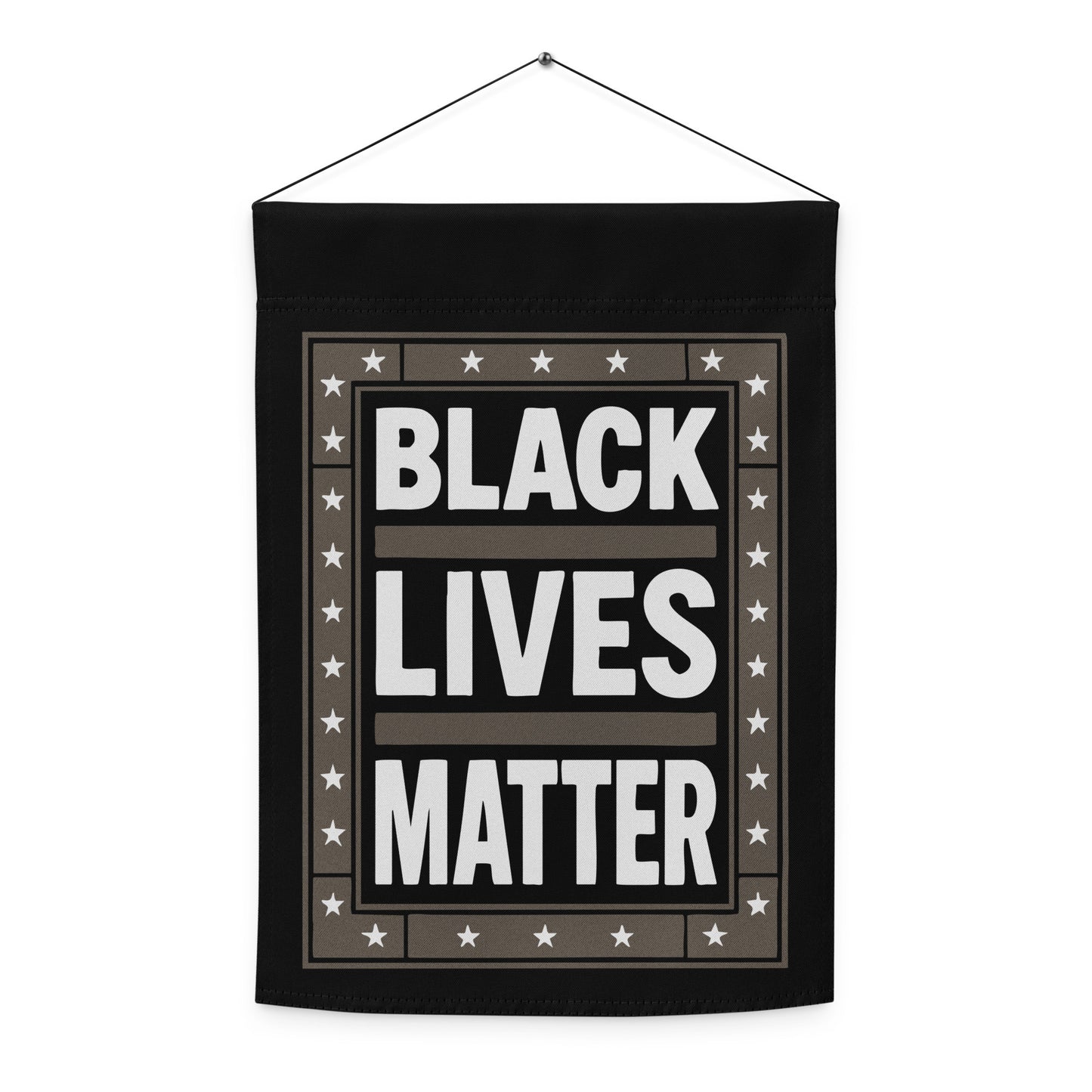 Front view of the Black Lives Matter garden flag with black background, white text, and surrounding star pattern.