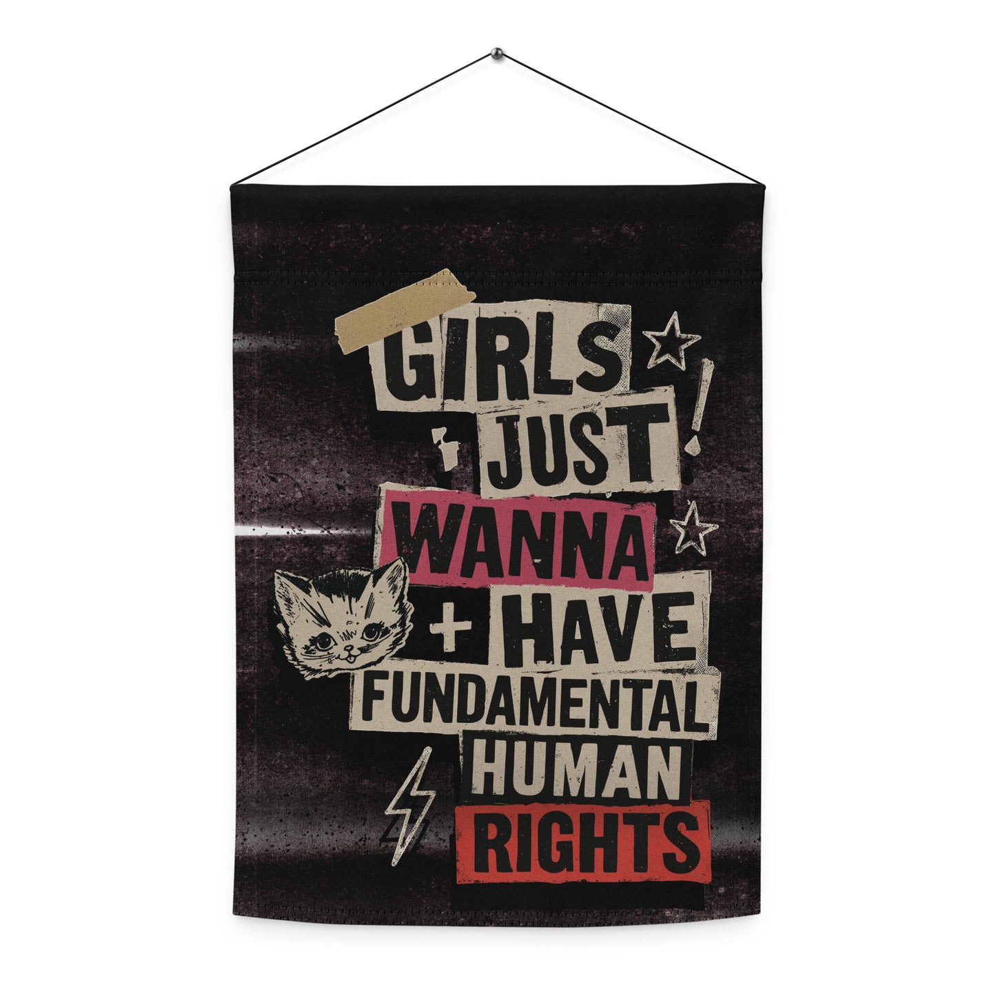 Progressive garden flag with feminist quote and cat illustration hung by a black string