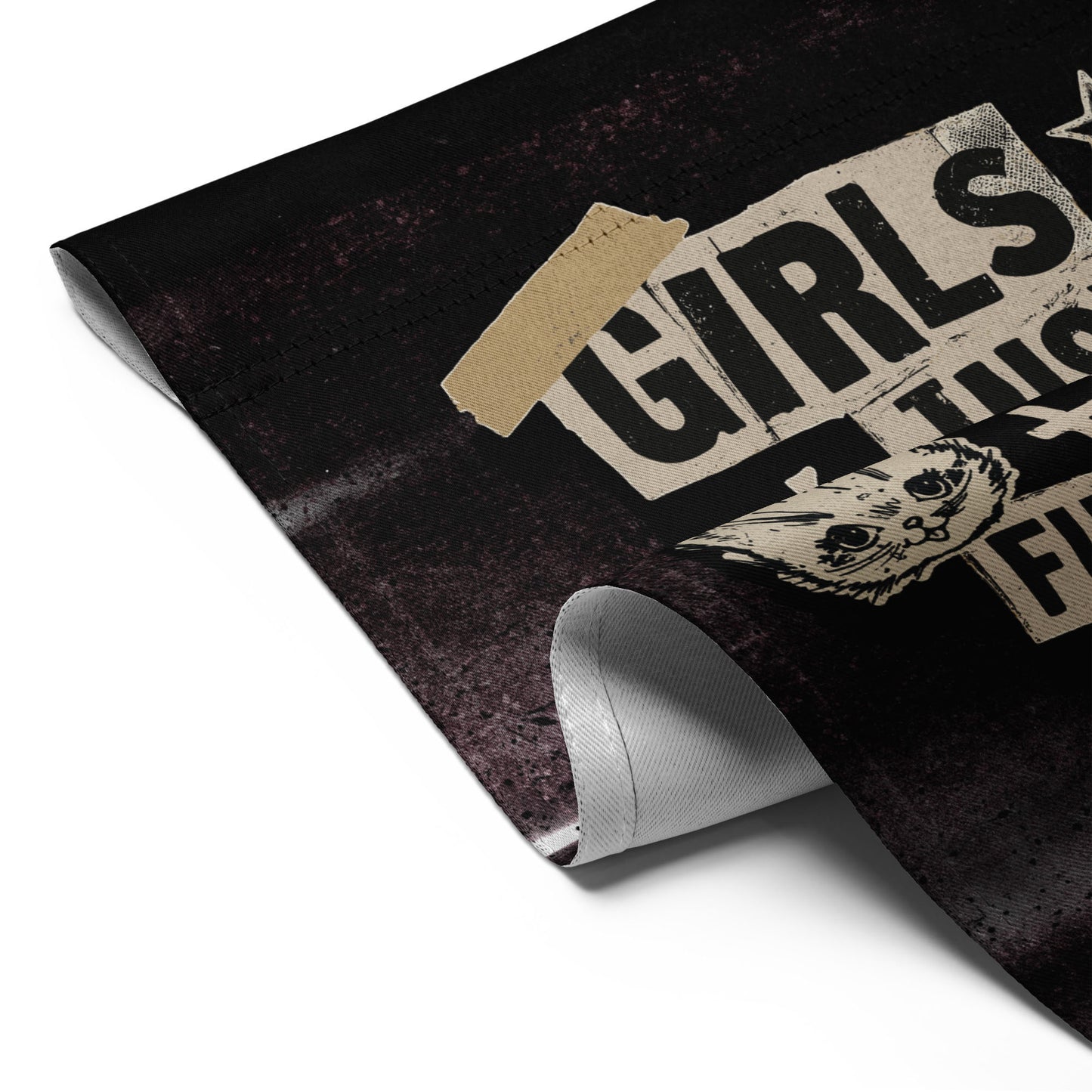 Close-Up of Design: Close-up of punk collage text design on Girls Just Wanna Have Fundamental Human Rights Garden Flag