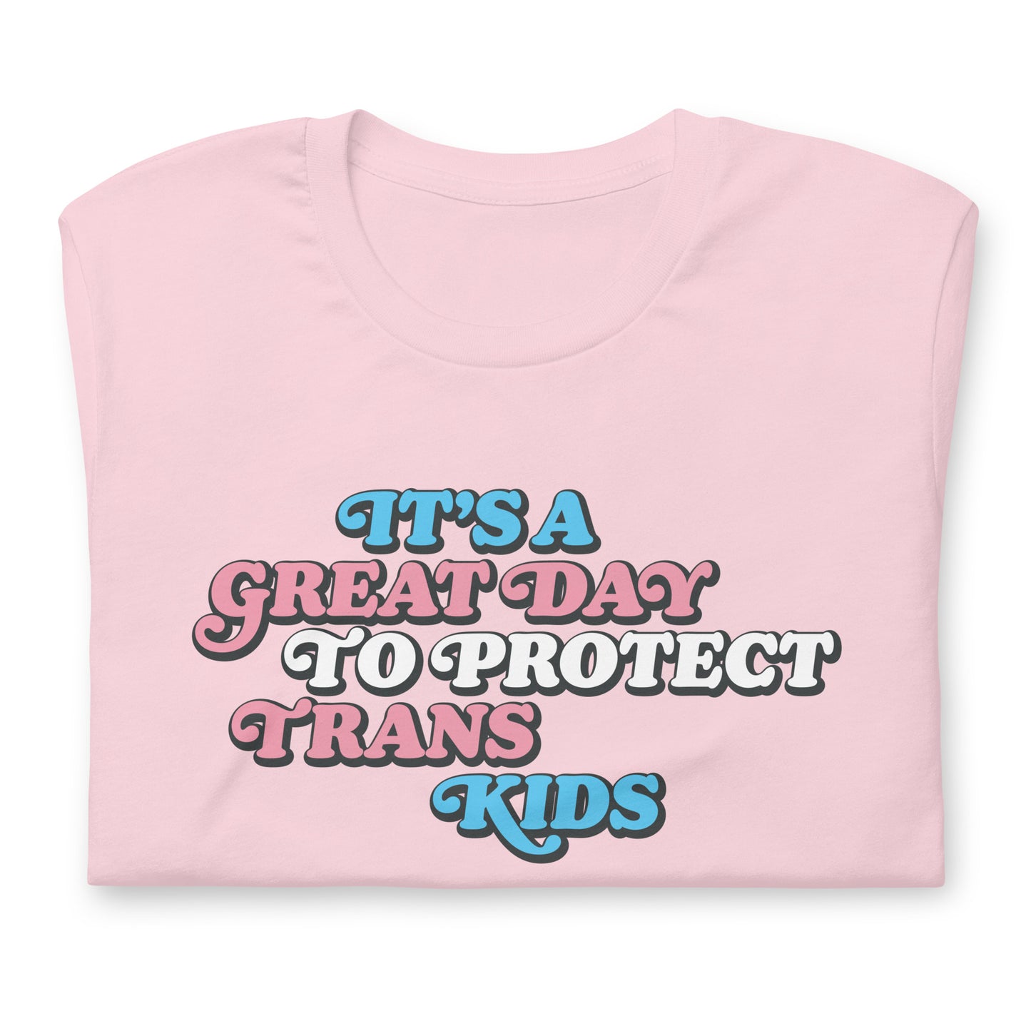 Close-up of the bold Protect Trans Kids design on t-shirt.