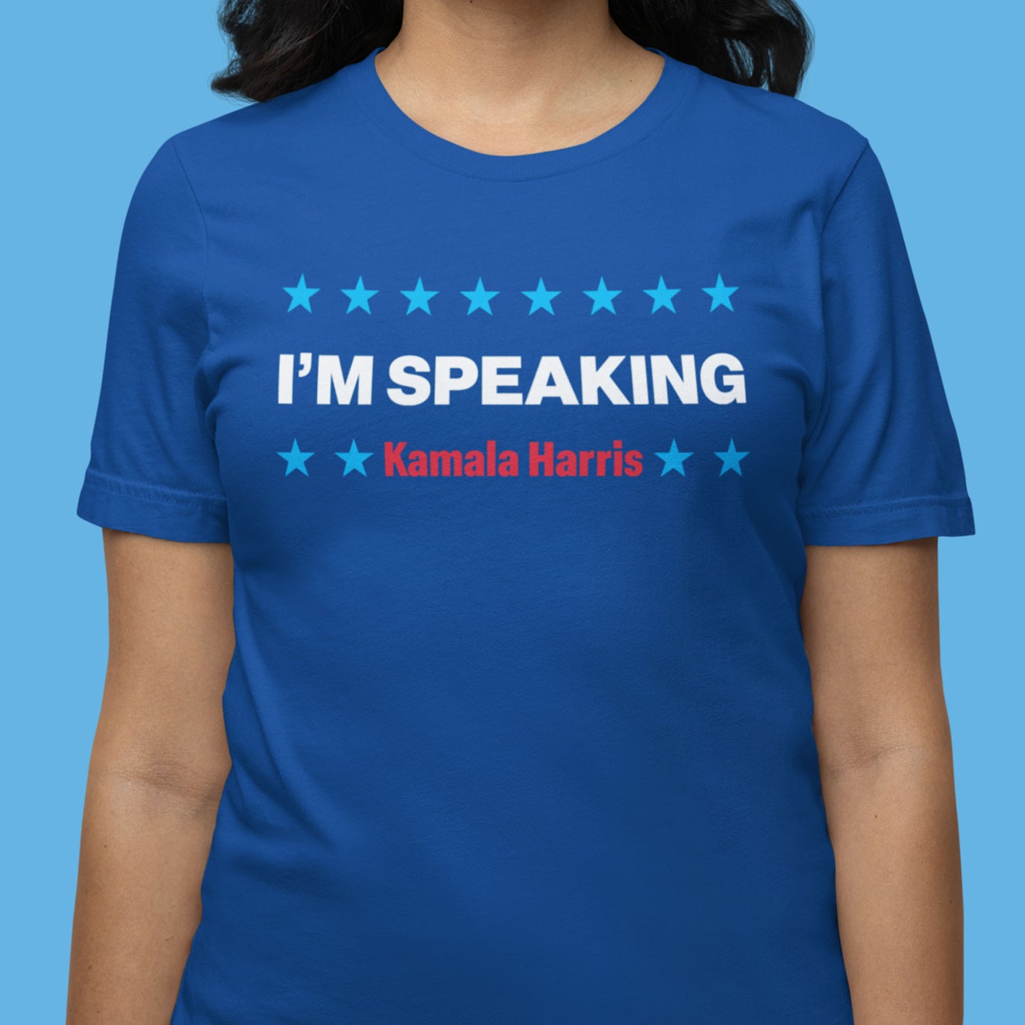 Lifestyle Image: Model Wearing Kamala Harris “I’m Speaking” Feminist T-Shirt
