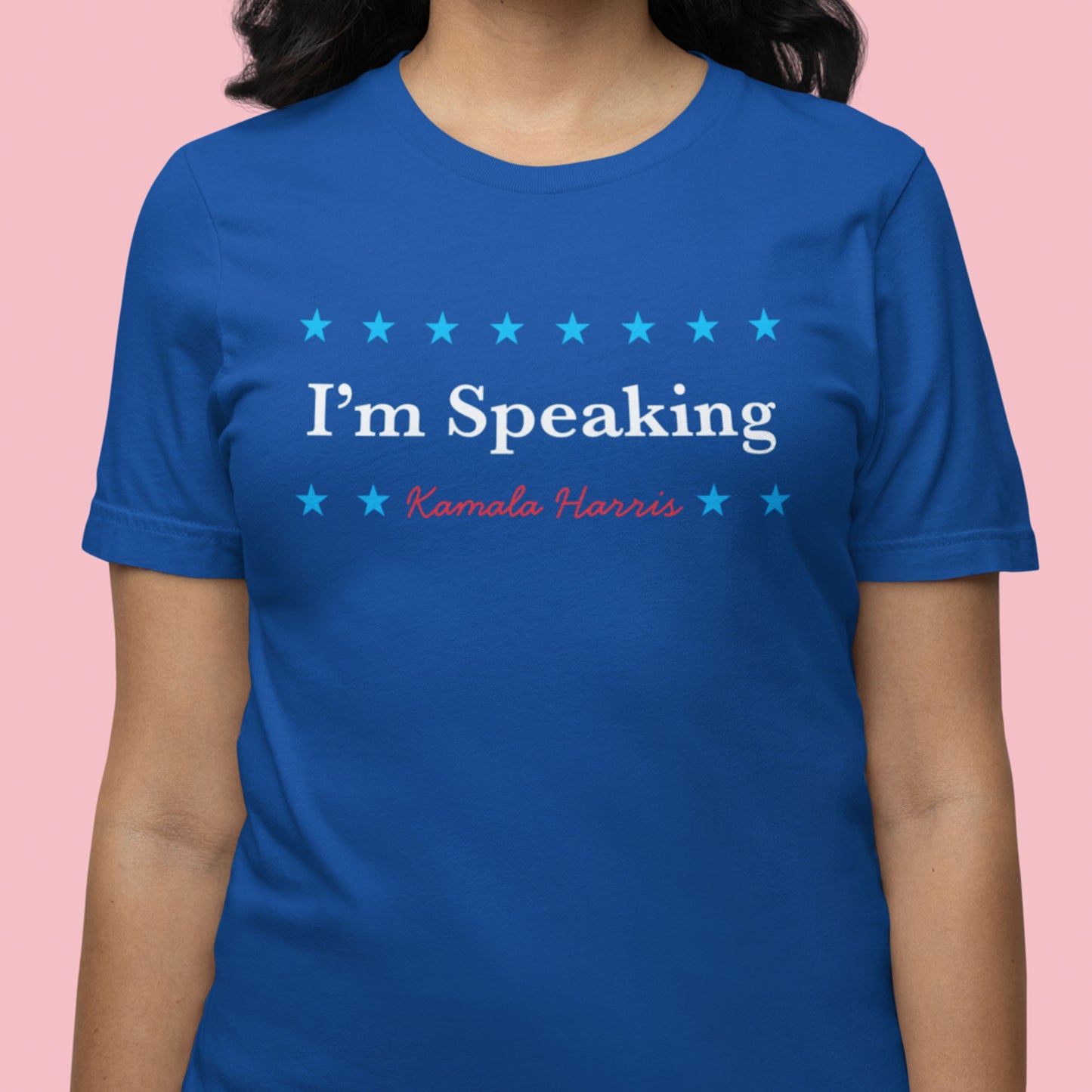 Lifestyle Image: Feminist Unisex Kamala Harris “I’m Speaking” Shirt Worn by Model
