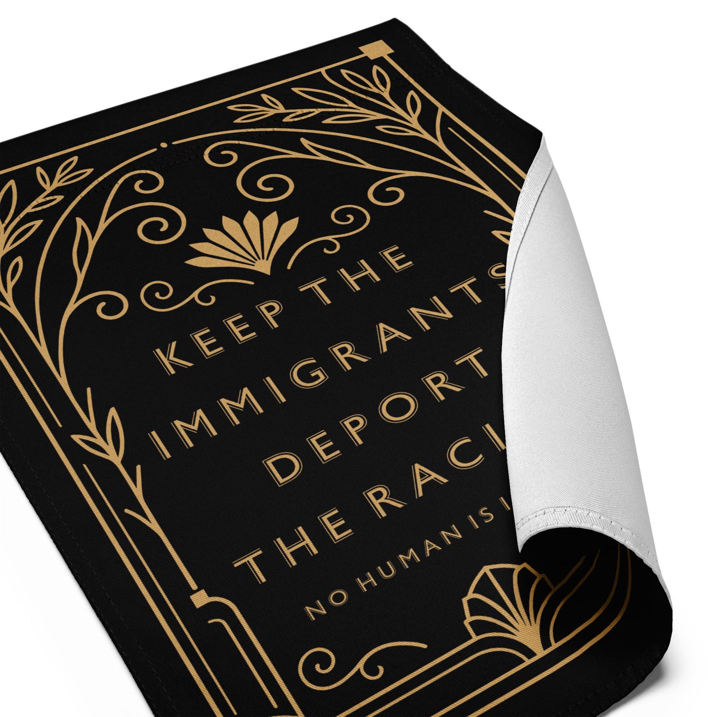 Close-up of Art Deco detailing and activist message on Keep The Immigrants Deport The Racists Garden Flag