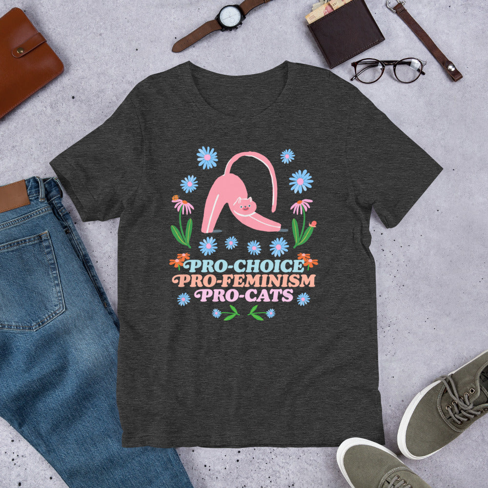 Flat lay of the Pro-Choice Pro-Feminism Pro-Cats T-Shirt with the floral cat design visible.