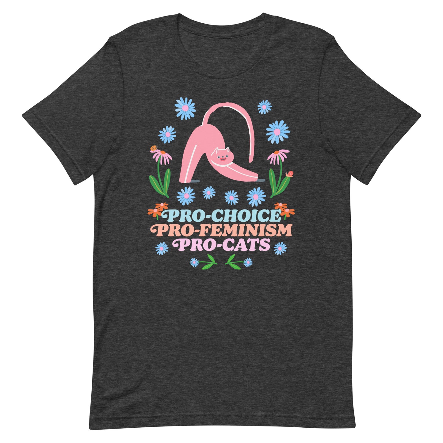 Front View Image: Pro-Choice Pro-Feminism Pro-Cats Unisex T-Shirt with floral cat design.