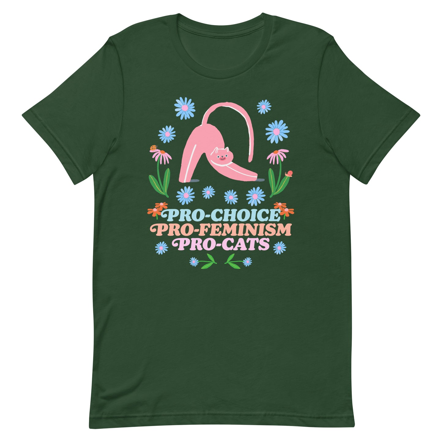 Front View Image: Pro-Choice Pro-Feminism Pro-Cats Unisex T-Shirt with floral cat design.
