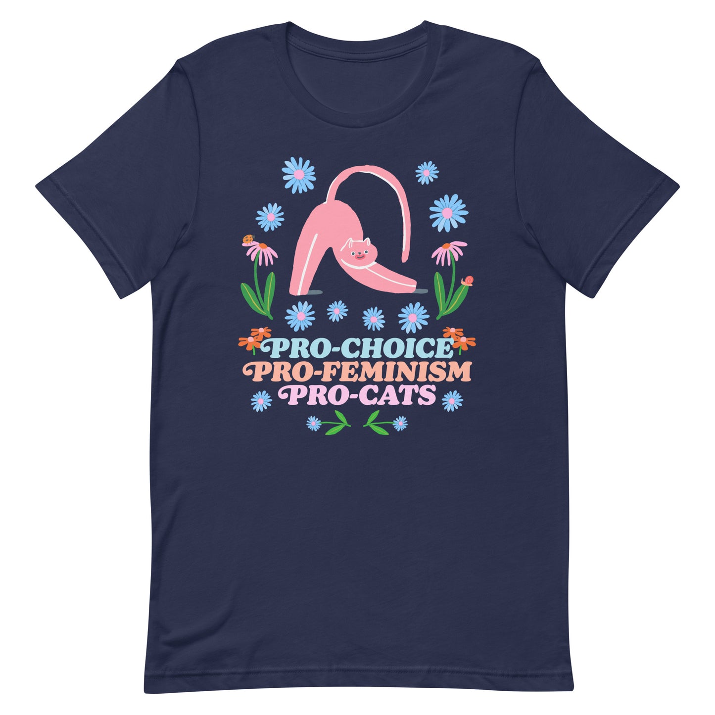 Front View Image: Pro-Choice Pro-Feminism Pro-Cats Unisex T-Shirt with floral cat design.