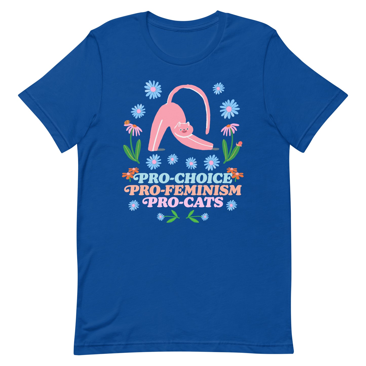 Front View Image: Pro-Choice Pro-Feminism Pro-Cats Unisex T-Shirt with floral cat design.
