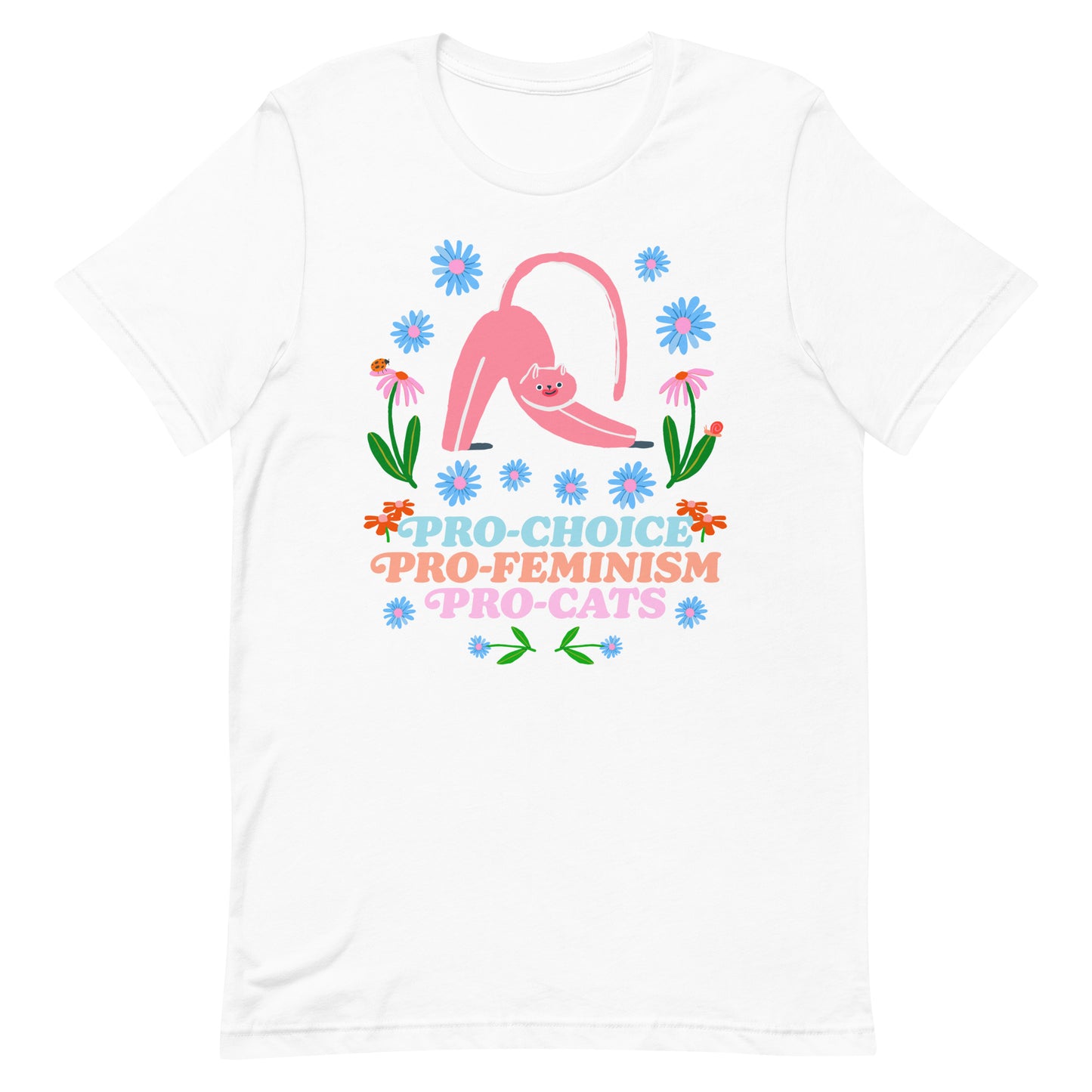 Front View Image: Pro-Choice Pro-Feminism Pro-Cats Unisex T-Shirt with floral cat design.