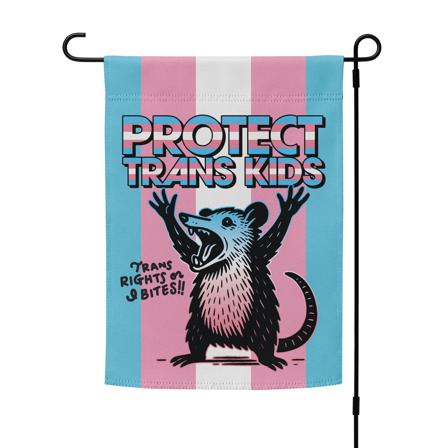 Garden flag with an opossum graphic and phrase 'Protect Trans Kids' on a striped background