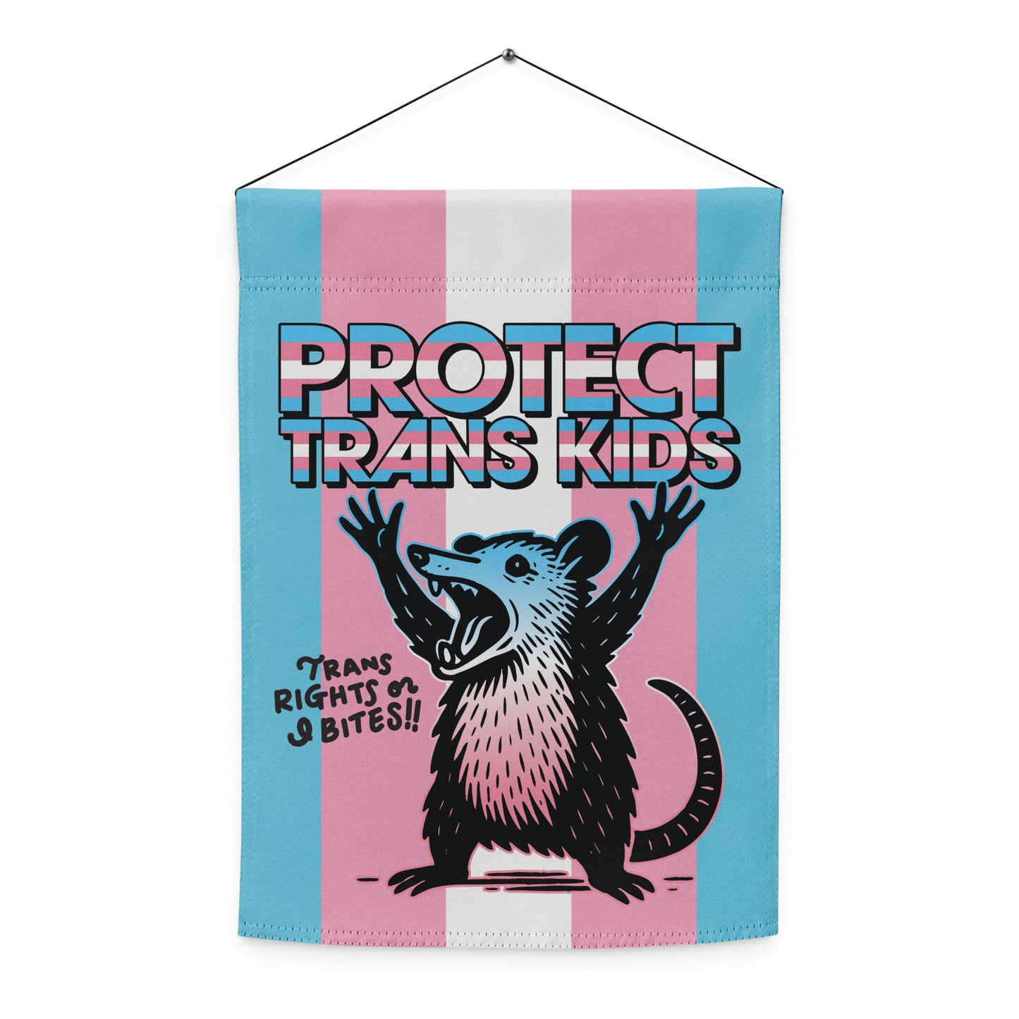 Protect Trans Kids Trans Pride Possum Garden Flag arranged for display