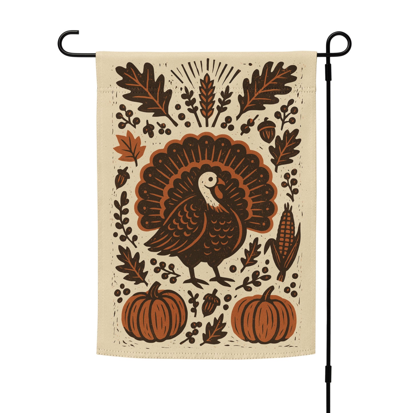 Subtle Anti-Trump Political Thanksgiving Garden Flag displayed on a flag stand, featuring rustic turkey, pumpkins, and autumn leaf illustrations.