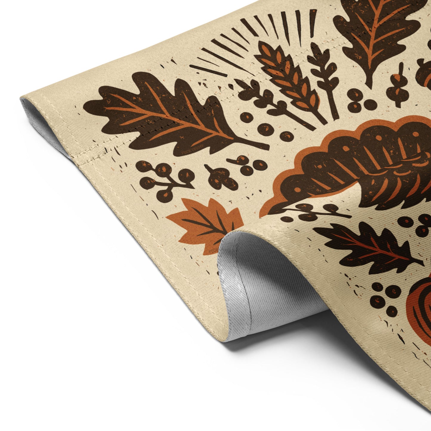 Close-up of the Subtle Anti-Trump Political Thanksgiving Garden Flag showing detailed turkey feathers, autumn leaves, and folk-art accents with curled edge.