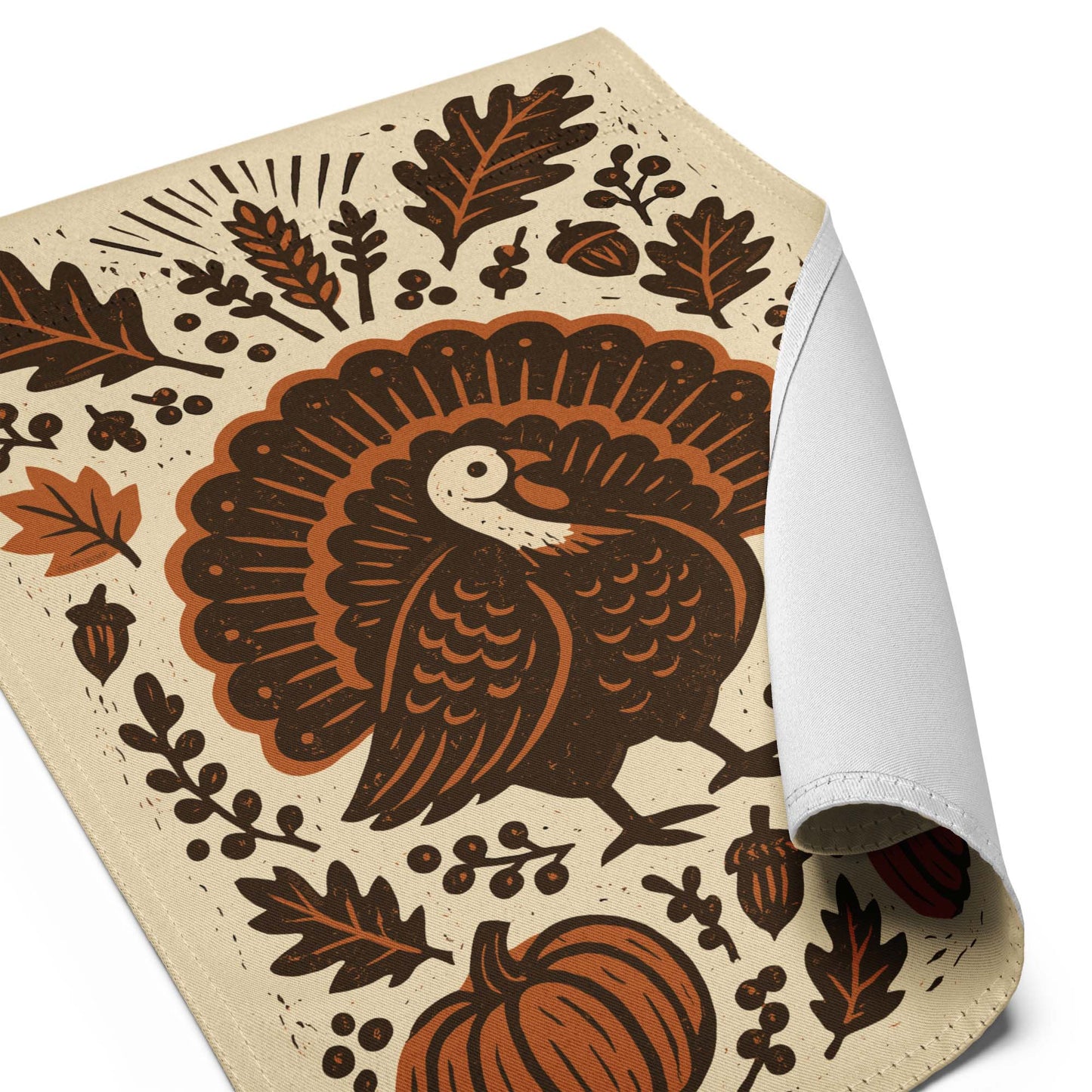 Detailed angled view of the Subtle Anti-Trump Political Thanksgiving Garden Flag featuring folk-art style turkey and seasonal elements with curled fabric edge.