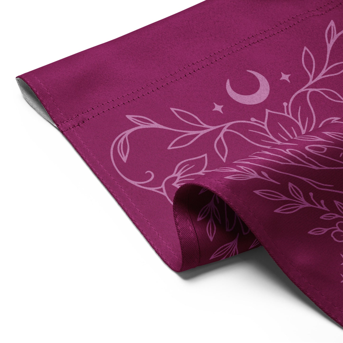 Close-up of the plum flag’s folded edge showing detailed pink line art and durable fabric texture. Eco-conscious printing by Blue Wave USA.