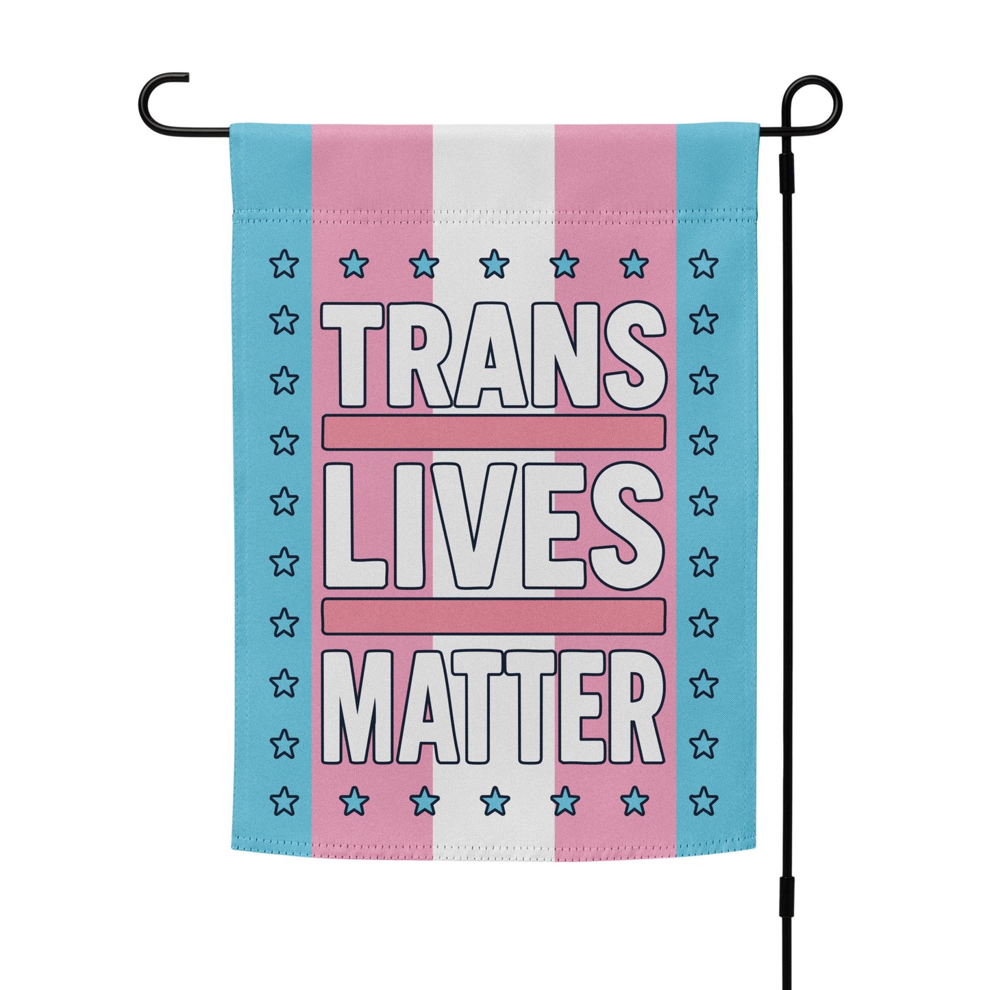 Trans Lives Matter LGBTQ+ Garden Flag arranged neatly on a stand for display