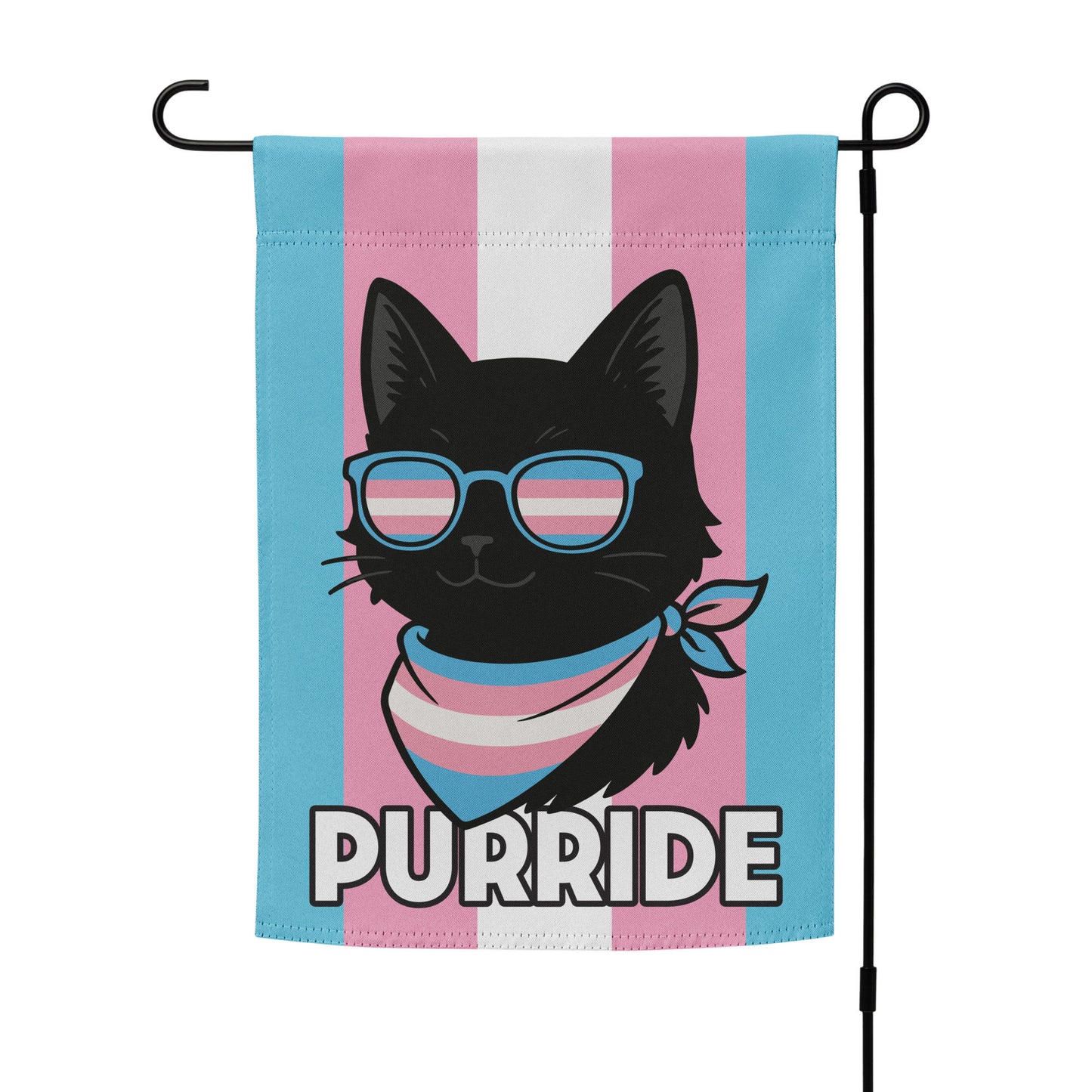 Trans Pride “Purride” garden flag on a flag stand, with bold black cat design over pink, white, and blue stripes.
