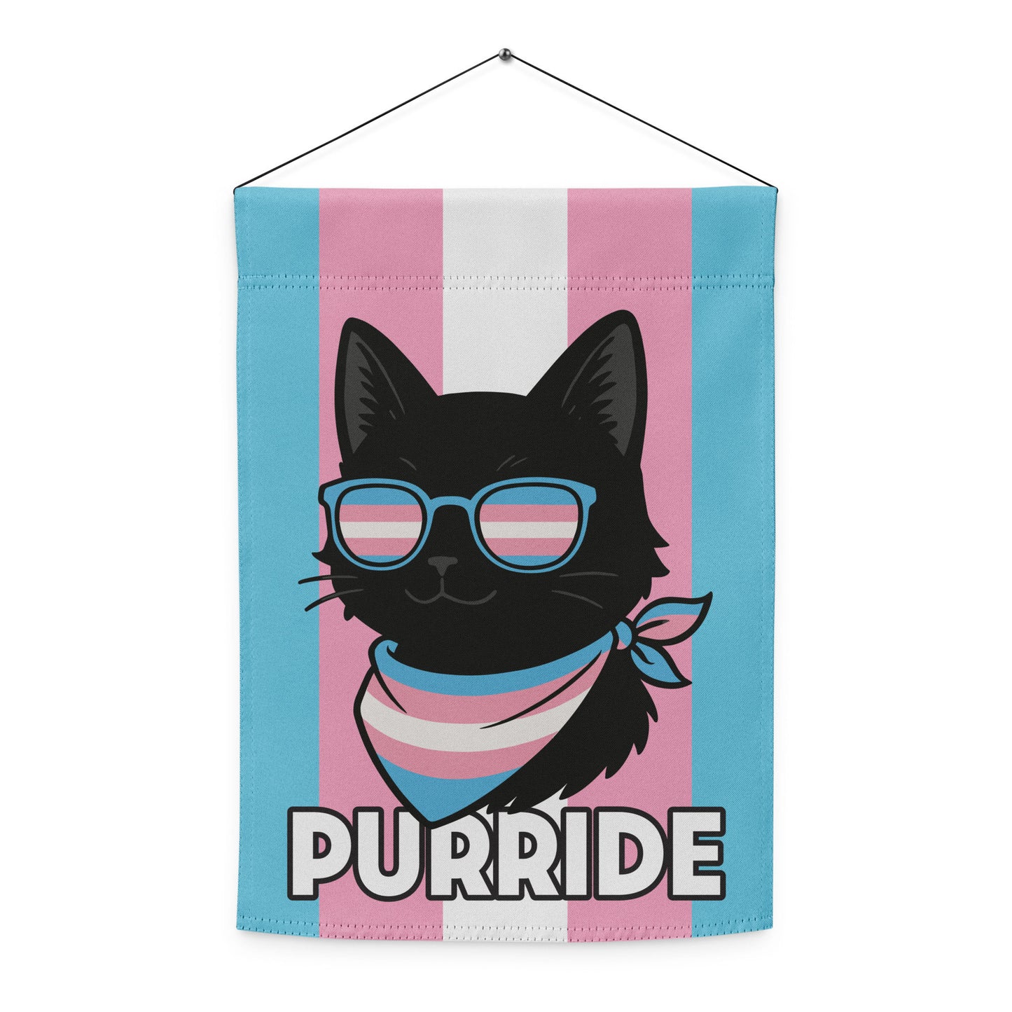 Front view of the Trans Pride “Purride” cat garden flag with black cat illustration, sunglasses, and scarf on pride stripes