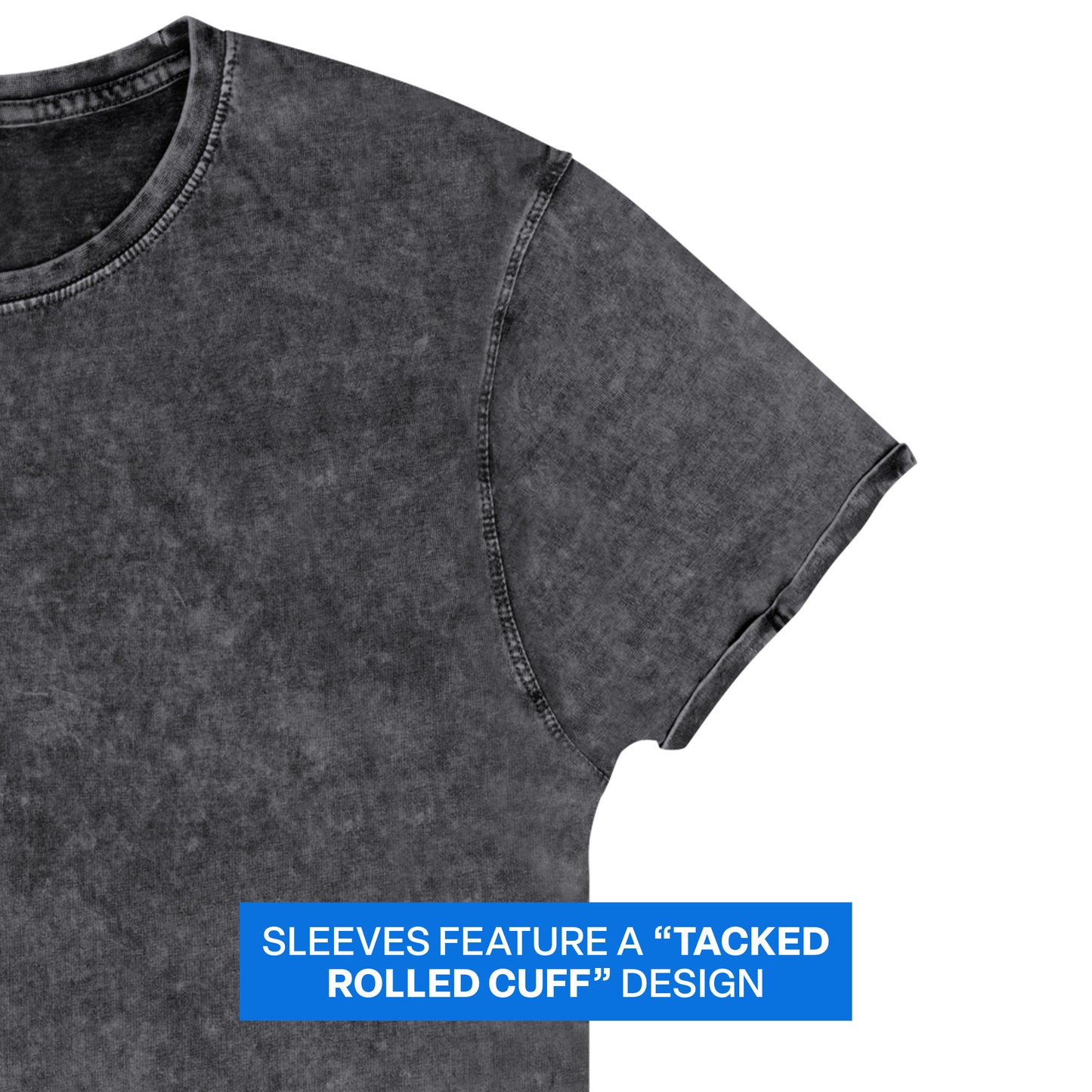 Close-up of vintage black denim t-shirt sleeve featuring tacked rolled cuff detail on denim wash fabric with casual retro-inspired construction.