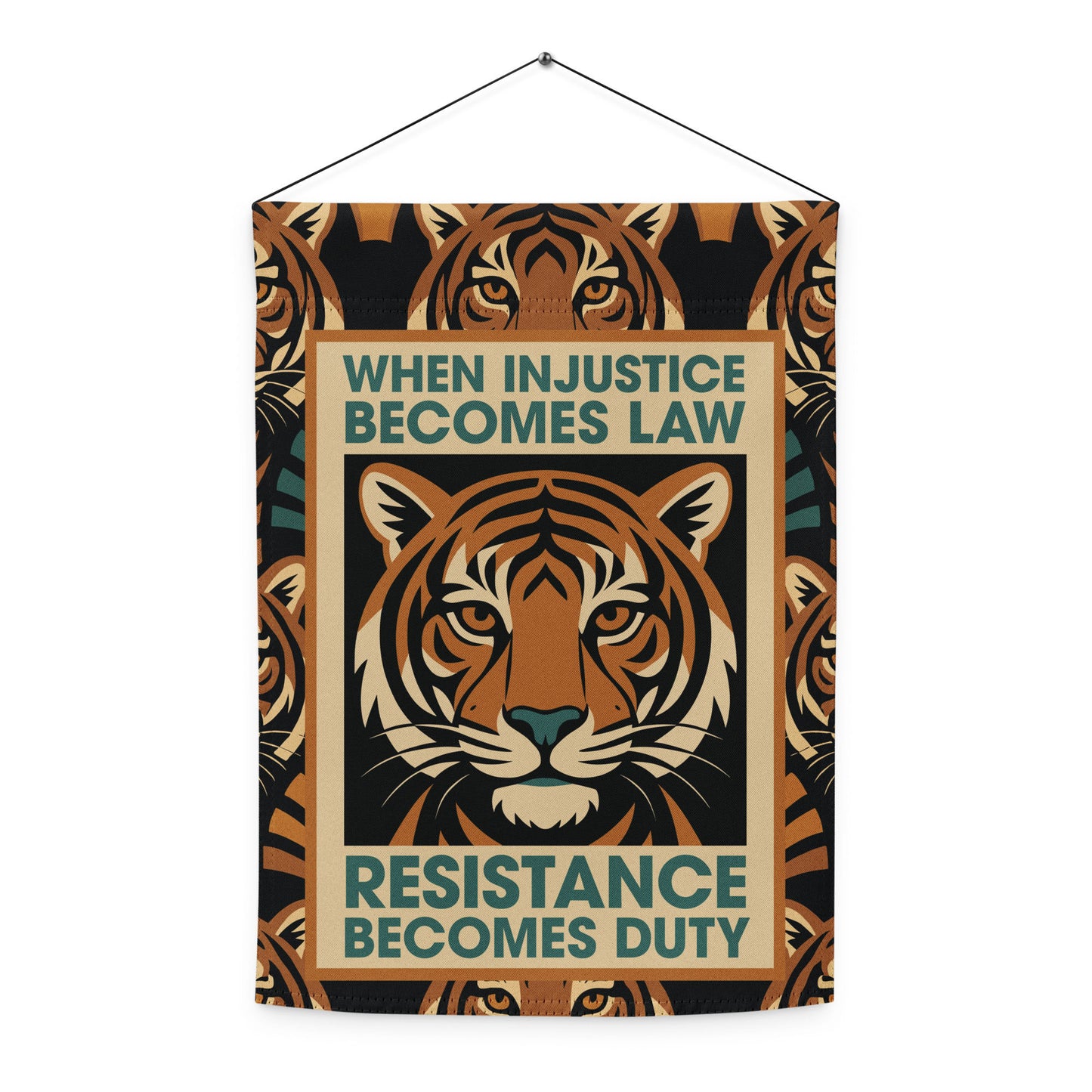 Flat Lay Image: Flat lay of When Injustice Becomes Law Art Deco Tiger Progressive Garden Flag arranged neatly for display