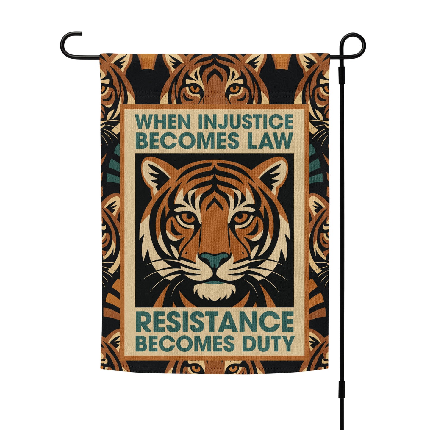 Lifestyle Image: Progressive Art Deco Tiger Resistance Garden Flag displayed on a flag stand