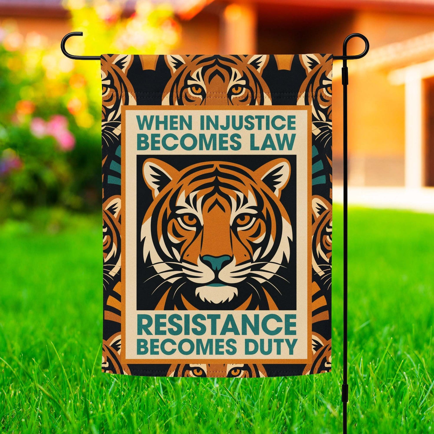 Lifestyle Image: Progressive Art Deco Tiger Resistance Garden Flag displayed in a front yard