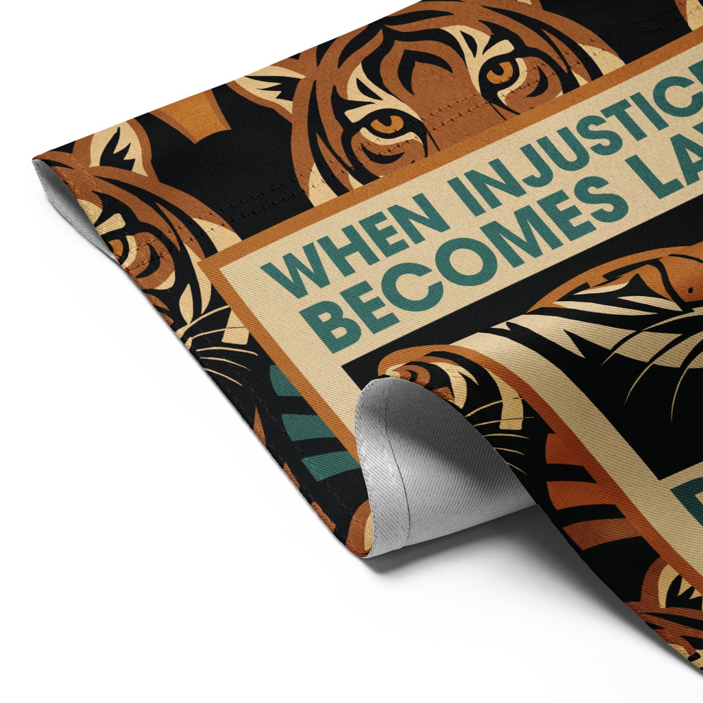 Close-Up of Design: Close-up of Art Deco Tiger with activist message on When Injustice Becomes Law Progressive Garden Flag
