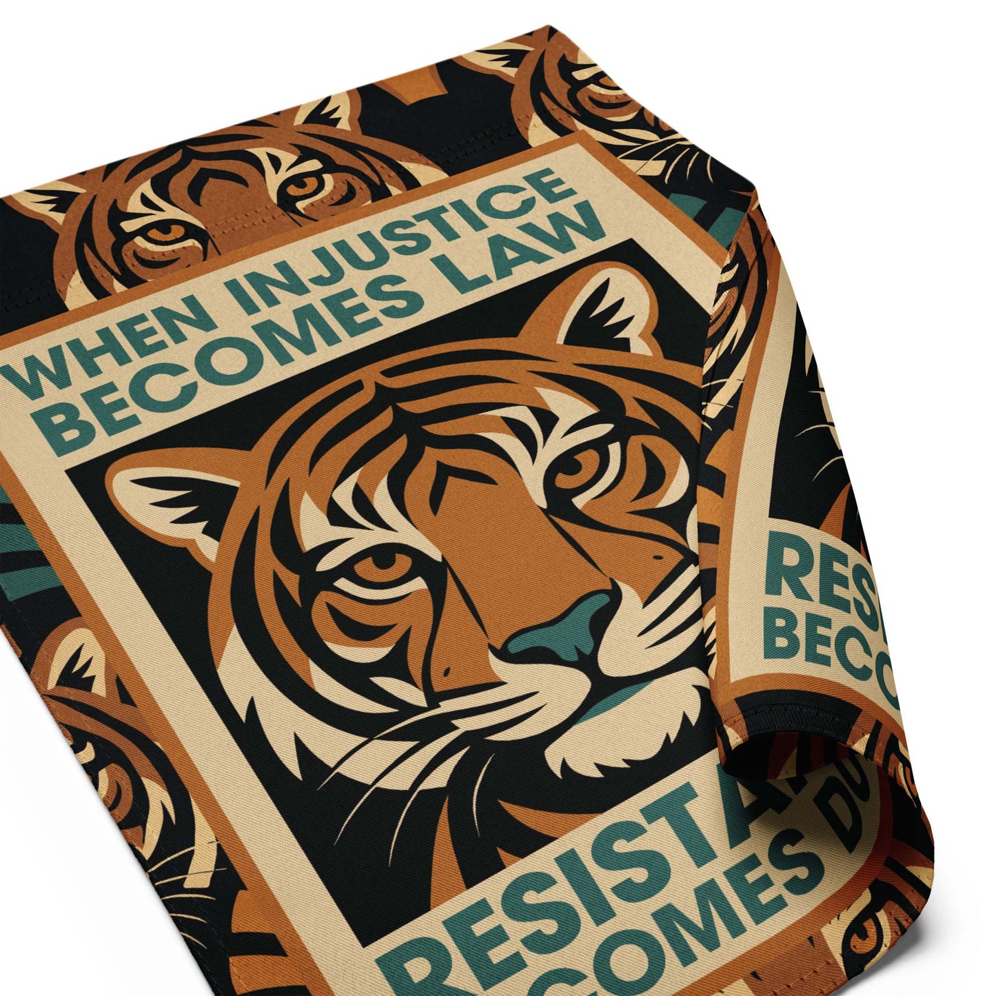 Close-Up of Design: Close-up of Art Deco Tiger with activist message on When Injustice Becomes Law Political Garden Flag