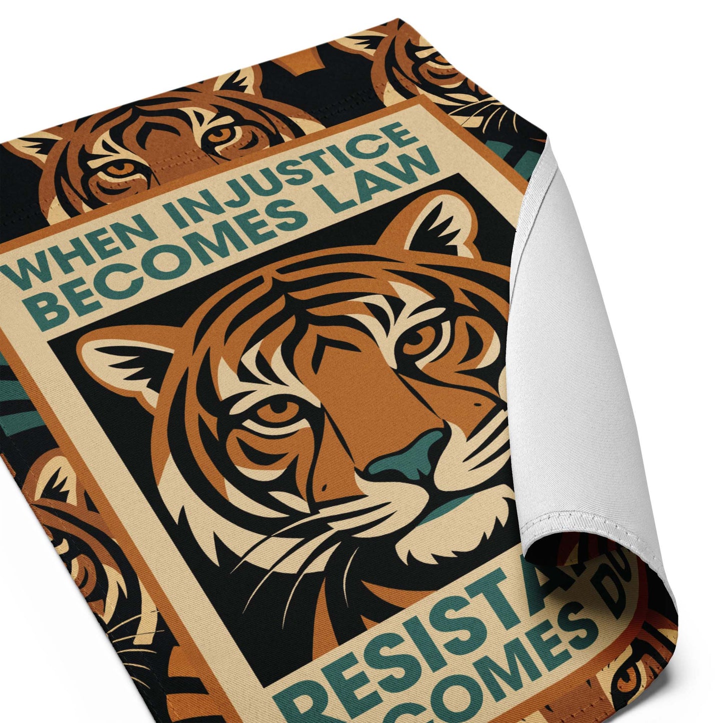 Close-Up of Design: Close-up of Art Deco Tiger with activist message on When Injustice Becomes Law Political Garden Flag