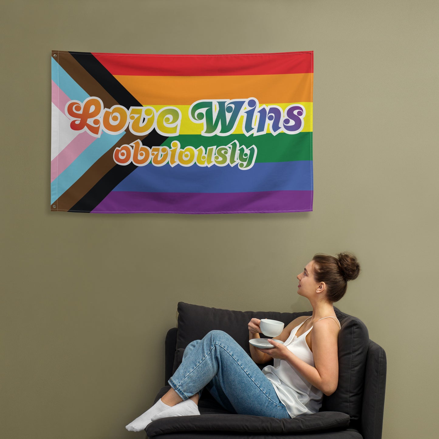 Front View Image: "Love Wins Obviously LGBTQ+ Rights Progress Pride Flag displayed flat.