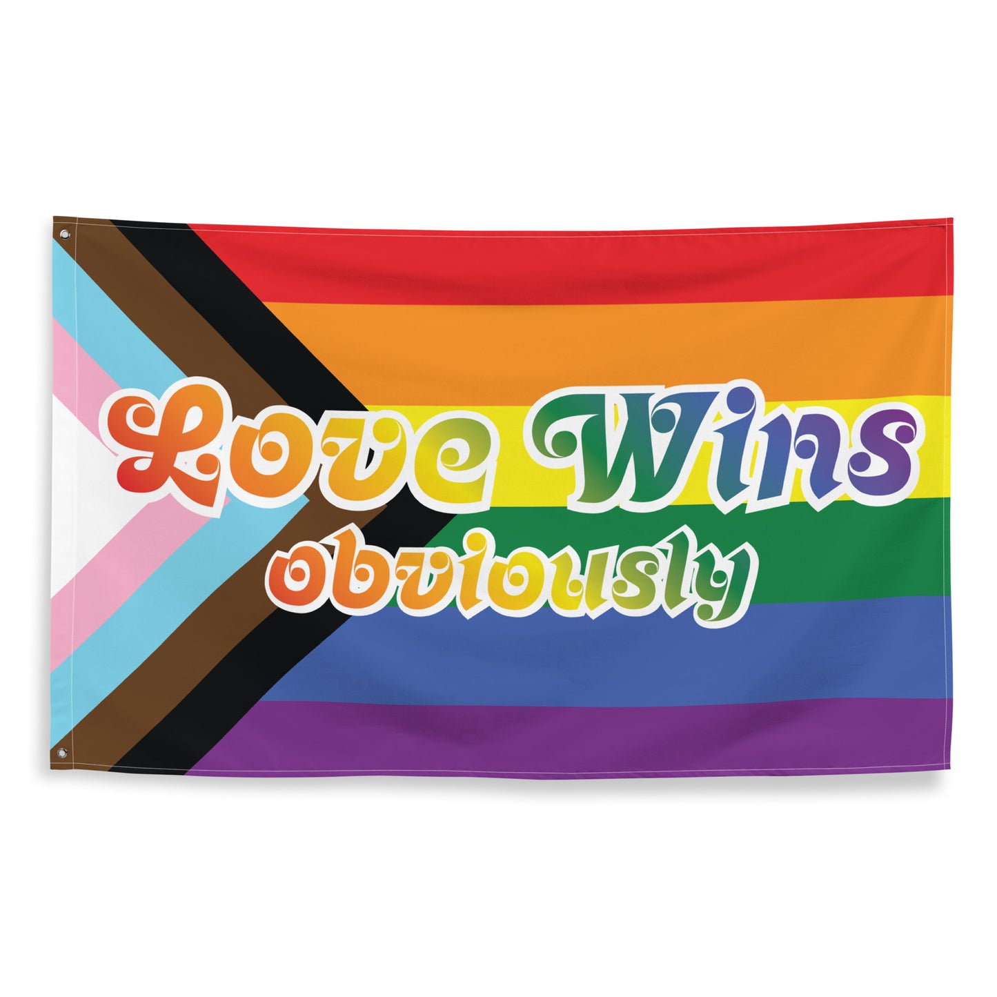 Front view: Progress Pride Flag laid flat, showcasing its striking design and message.
