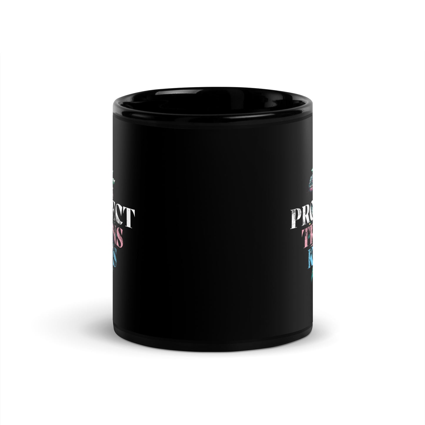 Close-up of the 11 oz bold snake-and-dagger design on Protect Trans Kids Black Mug.