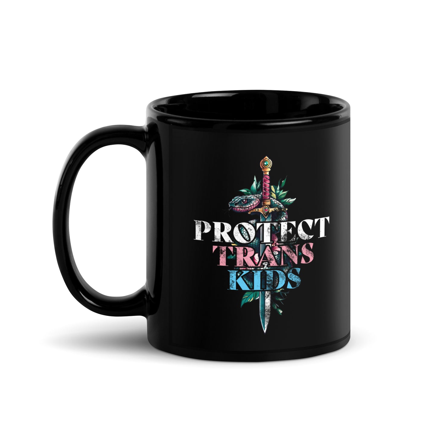 Close-up of the 11 oz bold snake-and-dagger design on Protect Trans Kids Black Mug.