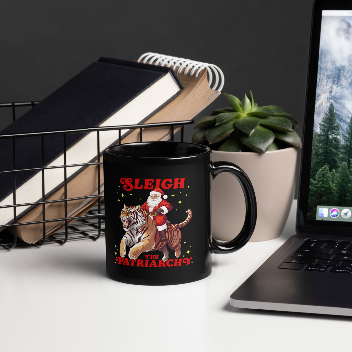 11 oz Black mug featuring Santa riding a tiger with the slogan "Sleigh The Patriarchy."