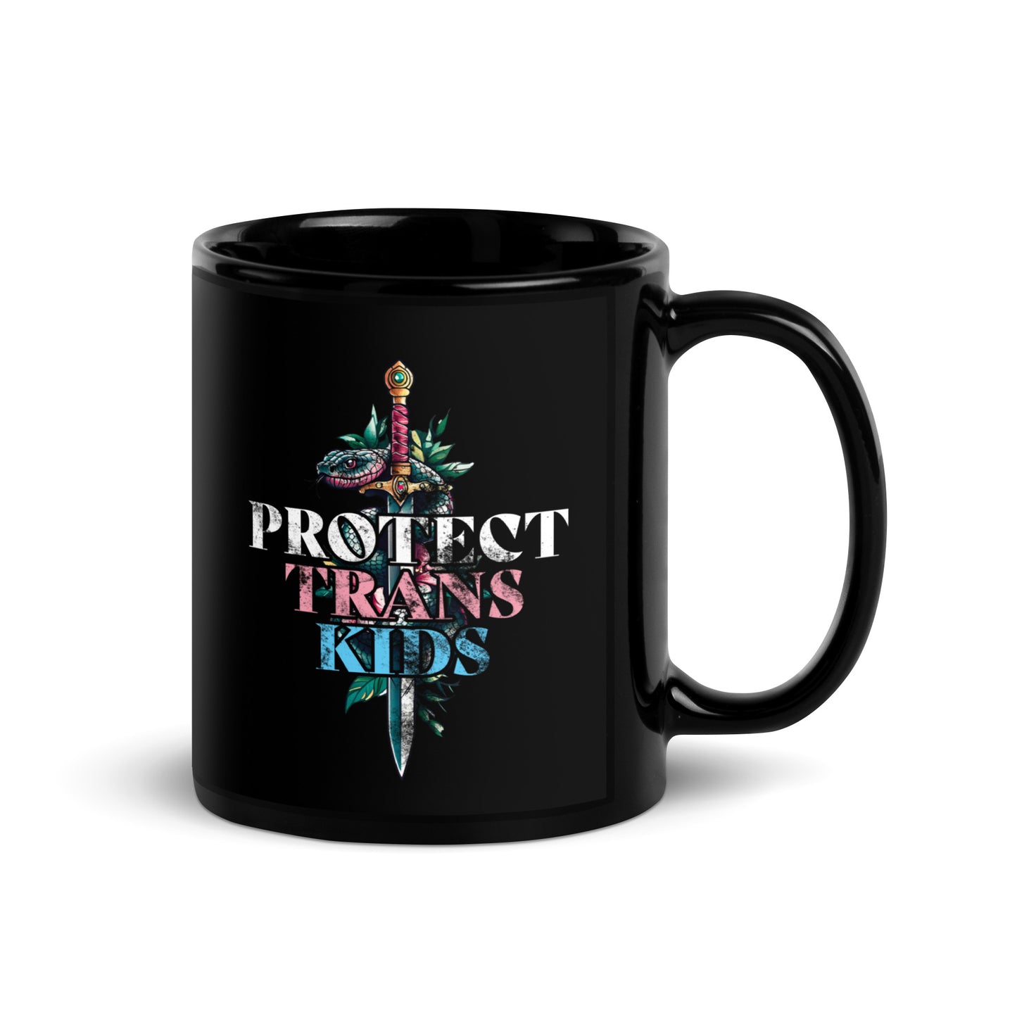 Close-up of the 11 oz bold snake-and-dagger design on Protect Trans Kids Black Mug.