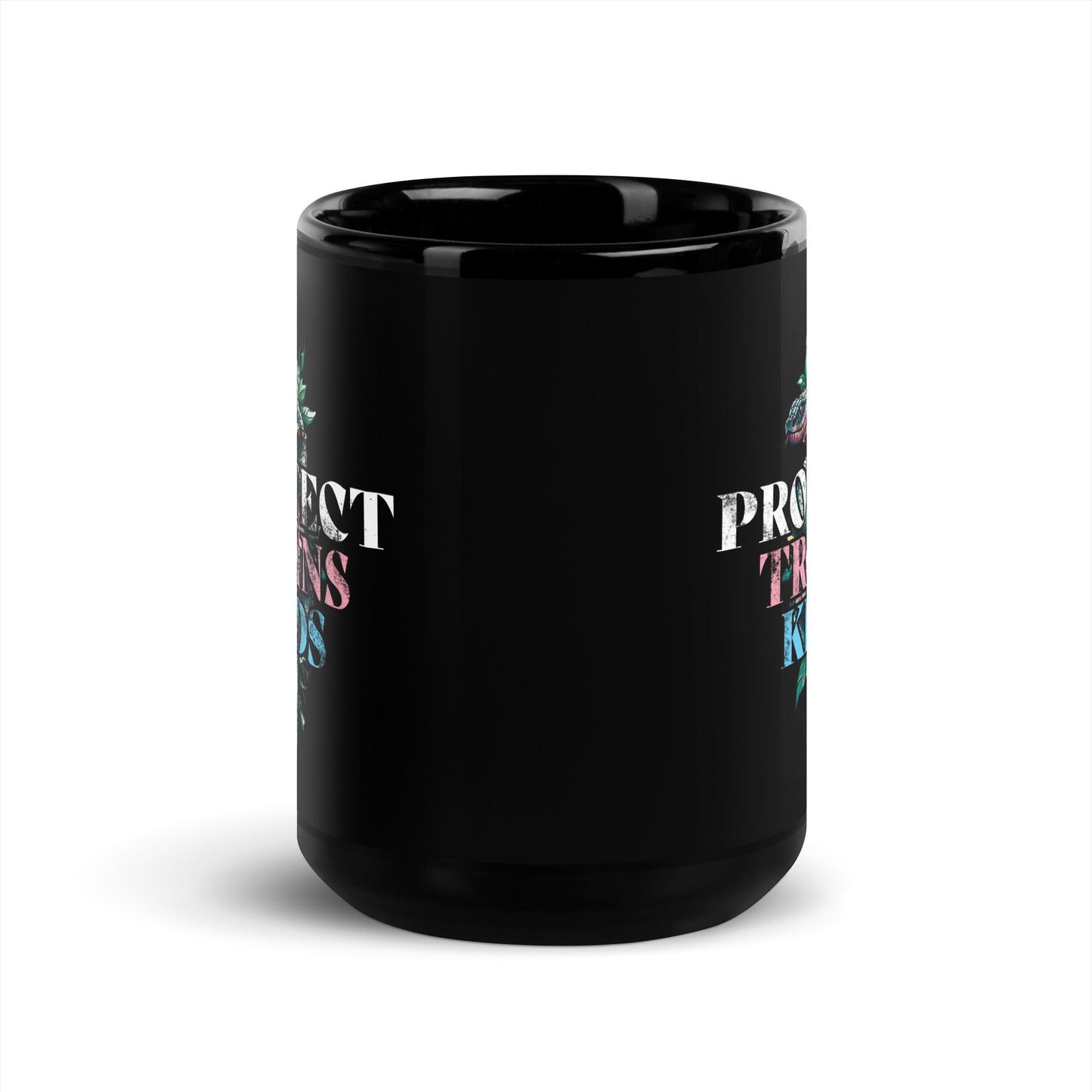 Close-up of the 15 oz bold snake-and-dagger design on Protect Trans Kids Black Mug.