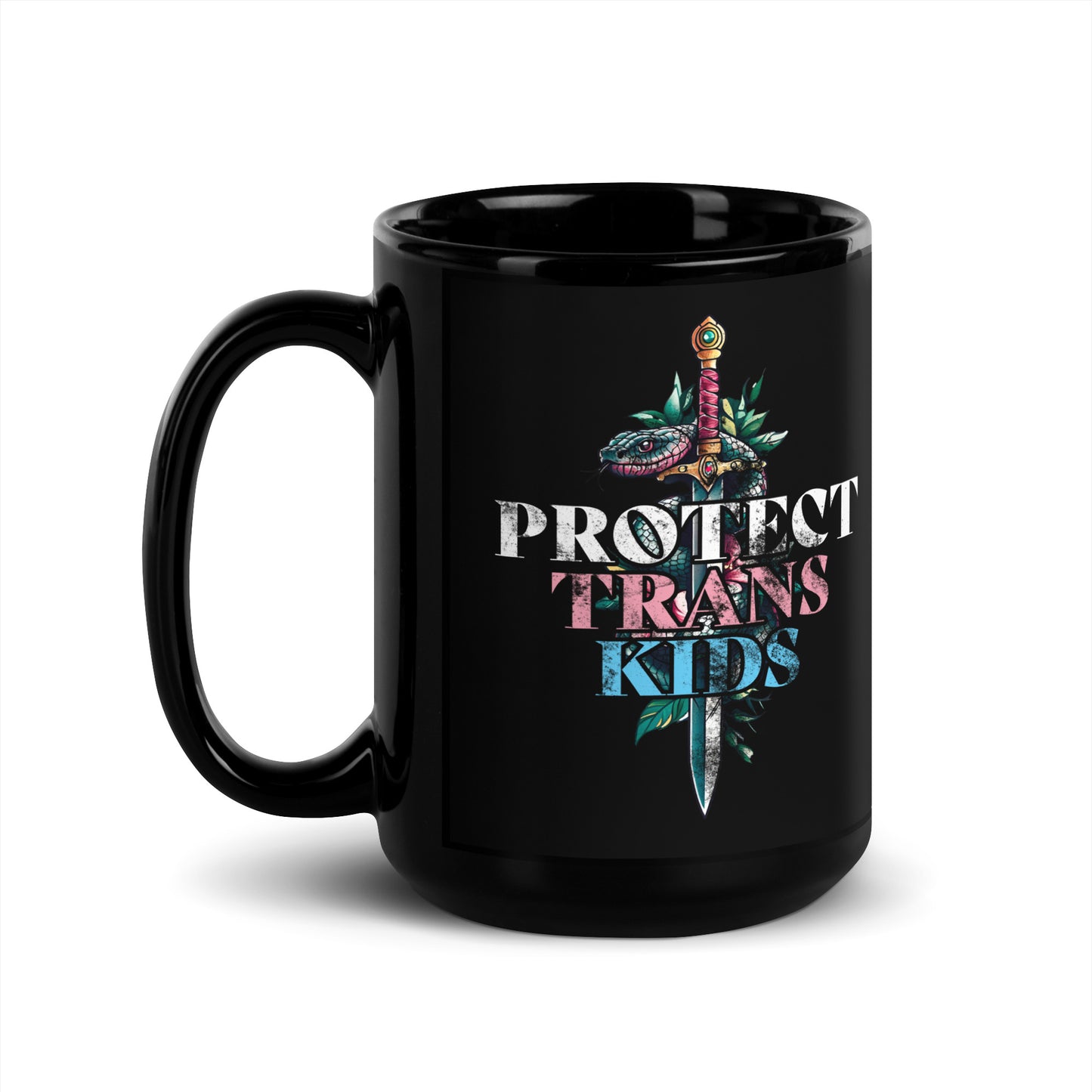 Close-up of the 15 oz bold snake-and-dagger design on Protect Trans Kids Black Mug.