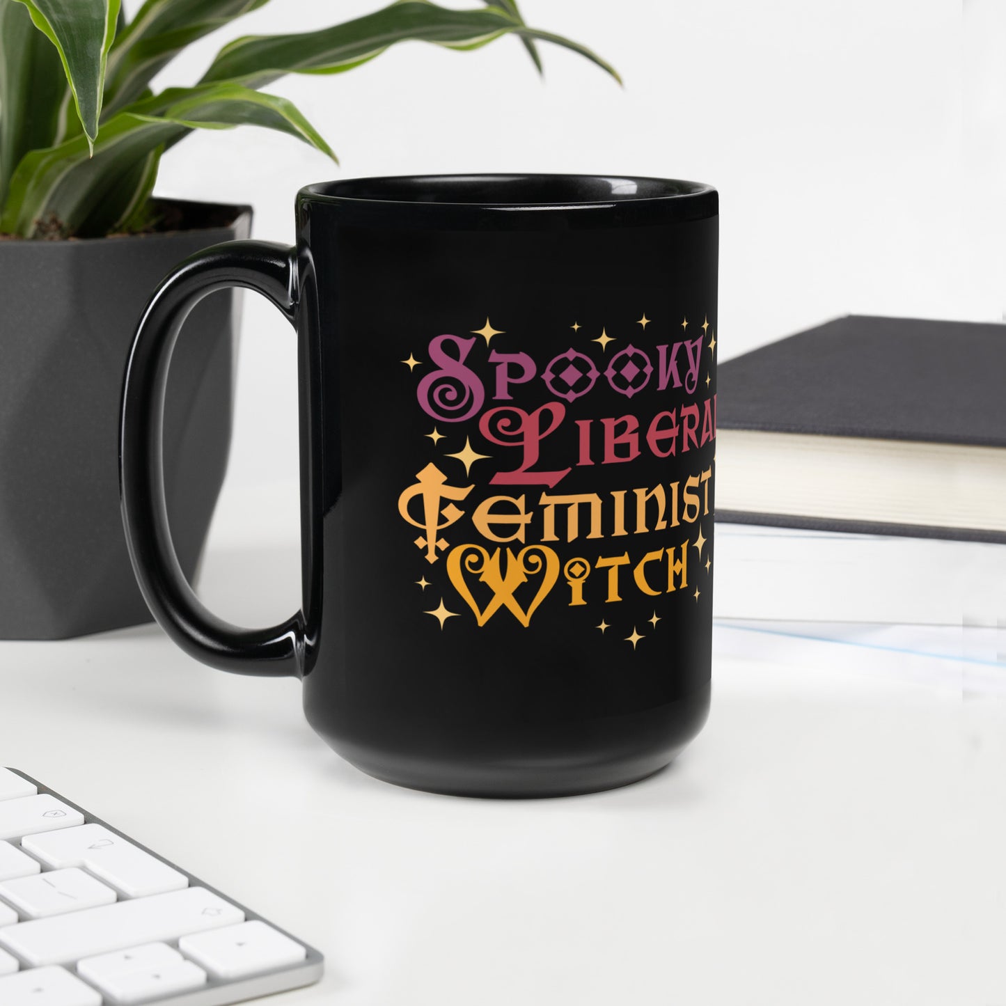 15 oz black mug with Spooky Liberal Feminist Witch design.