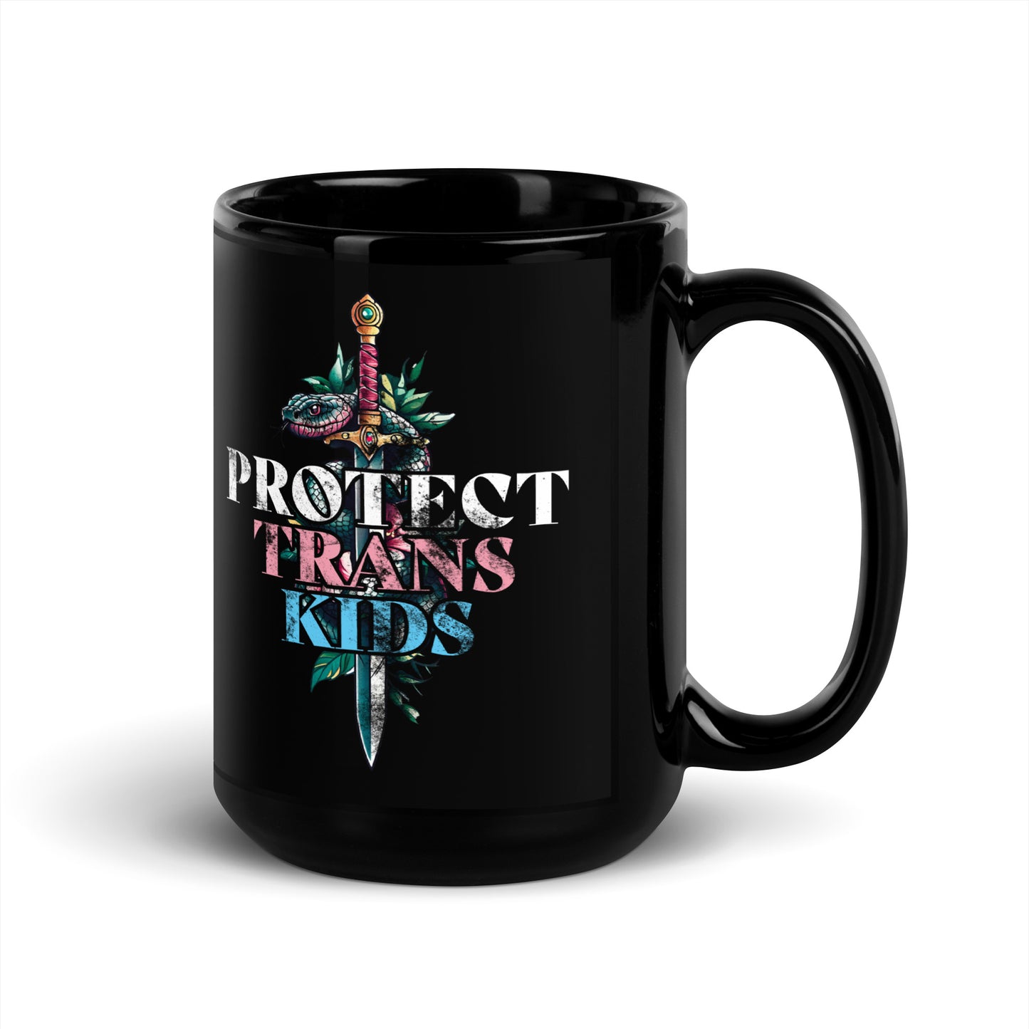 Close-up of the 15 oz bold snake-and-dagger design on Protect Trans Kids Black Mug.