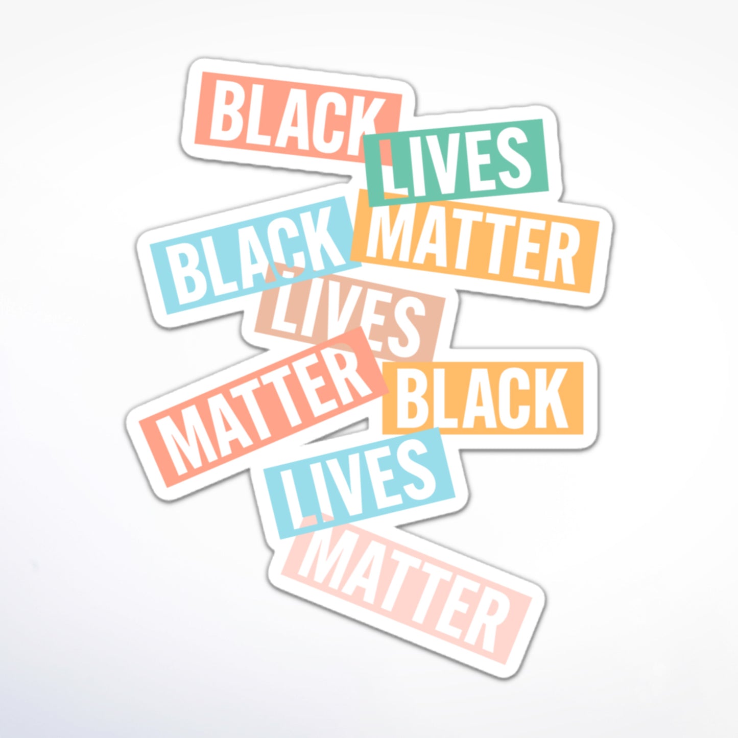 Pastel protest sticker with “Black Lives Matter” in colored boxes, promoting racial equality and justice.