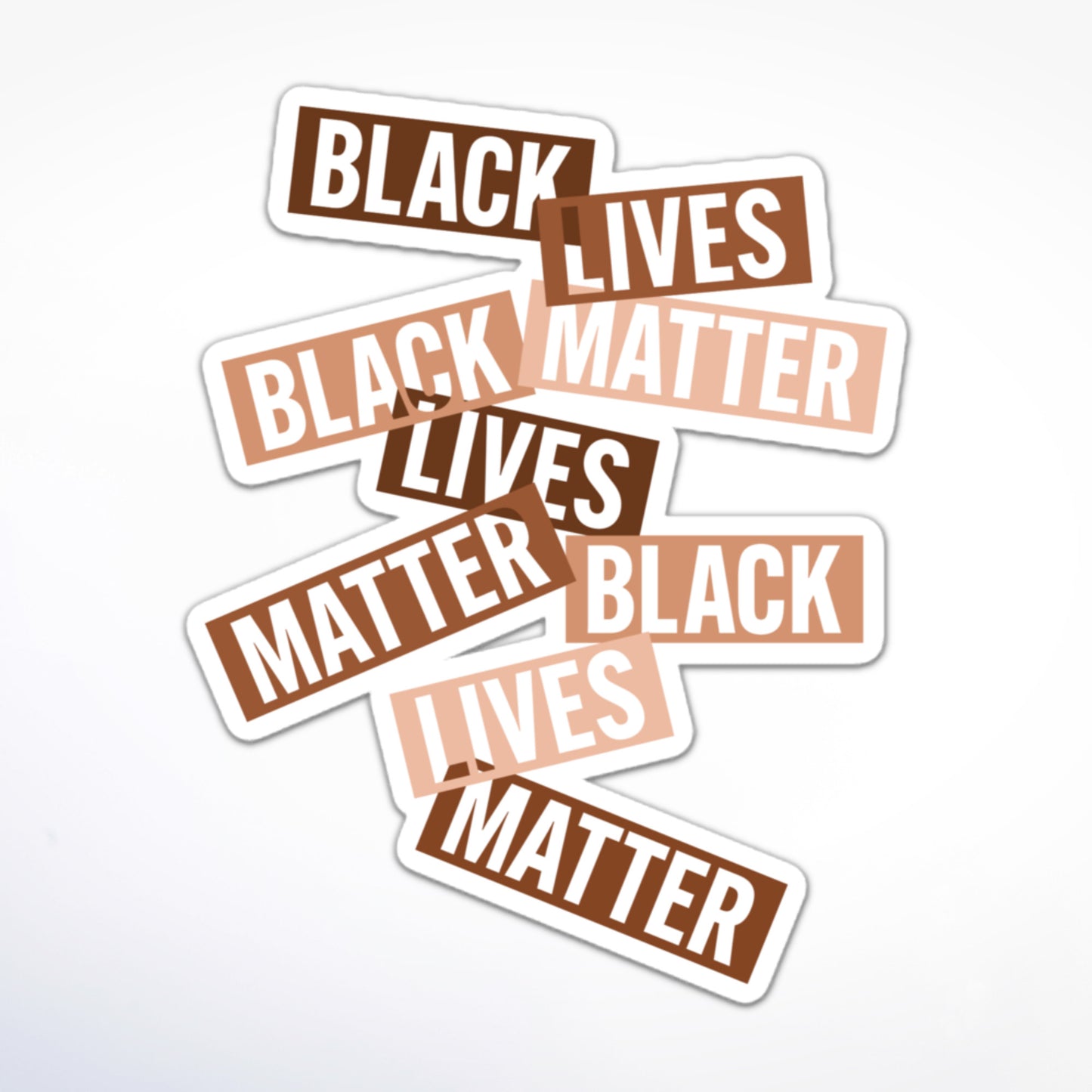 “Black Lives Matter” support sticker, brown palette, stacked modern layout, celebrates racial equality and anti-racism.