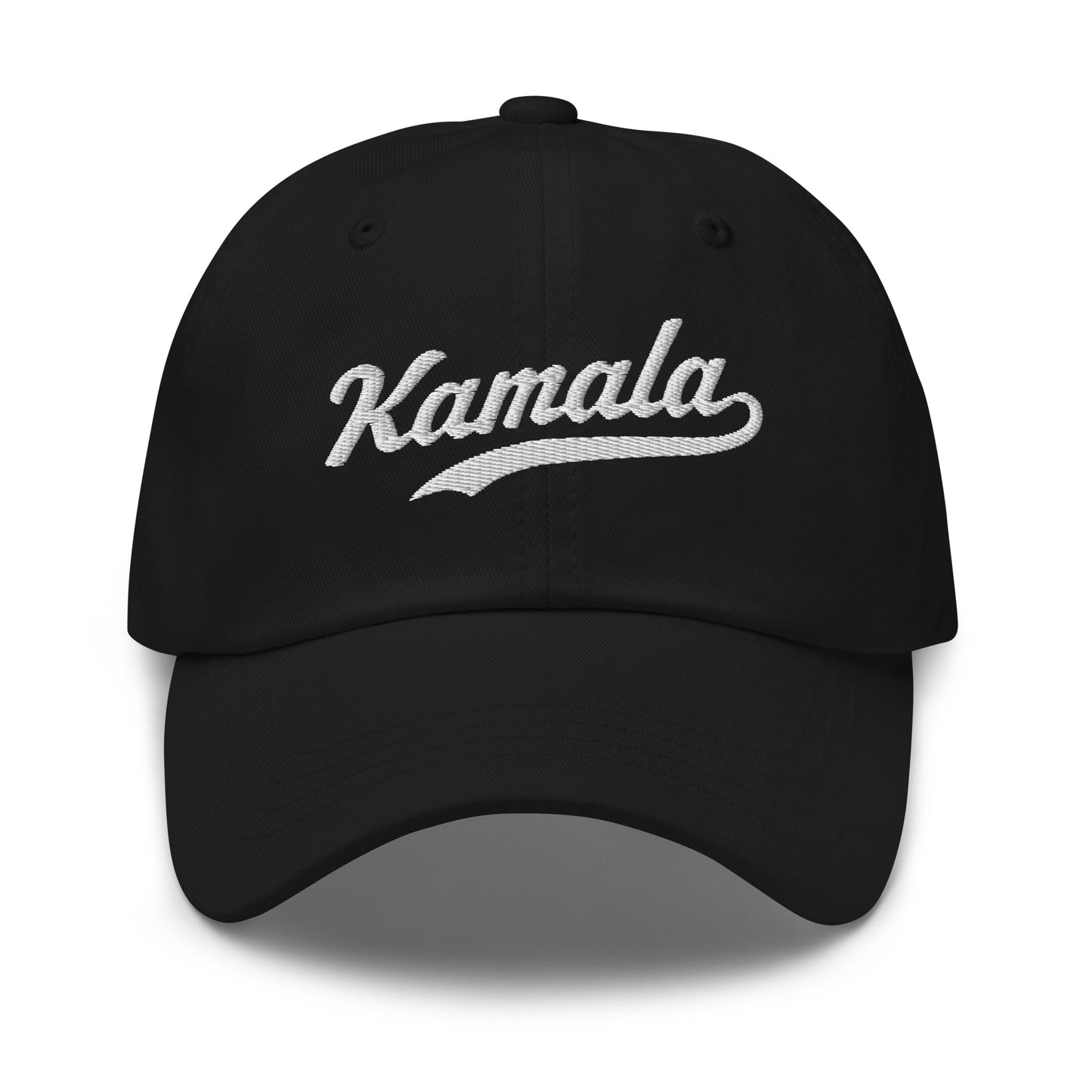 Front view of the Kamala dad hat features Kamala Harris's iconic name in classic embroidered script