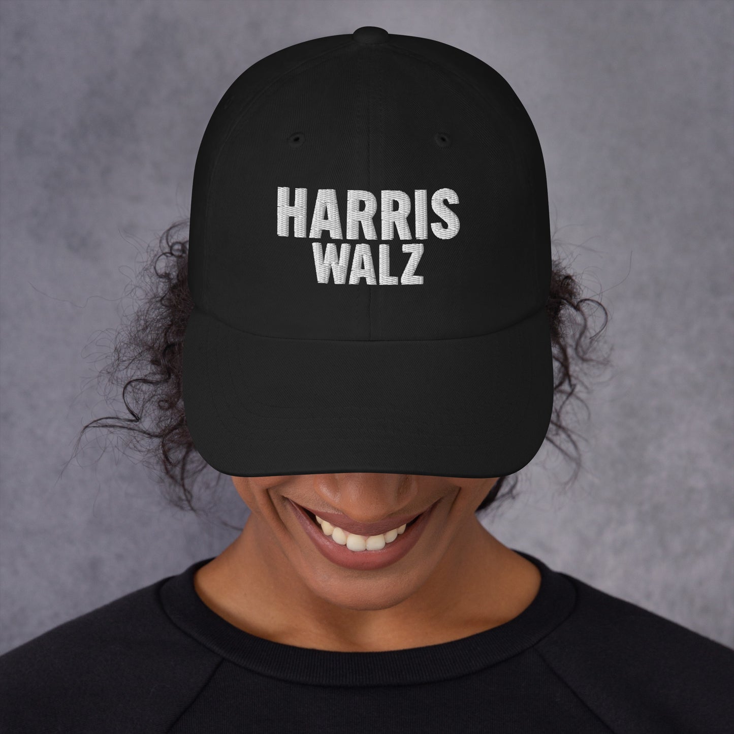 Woman wearing Harris-Walz 2024 Presidential Campaign Dad Hat