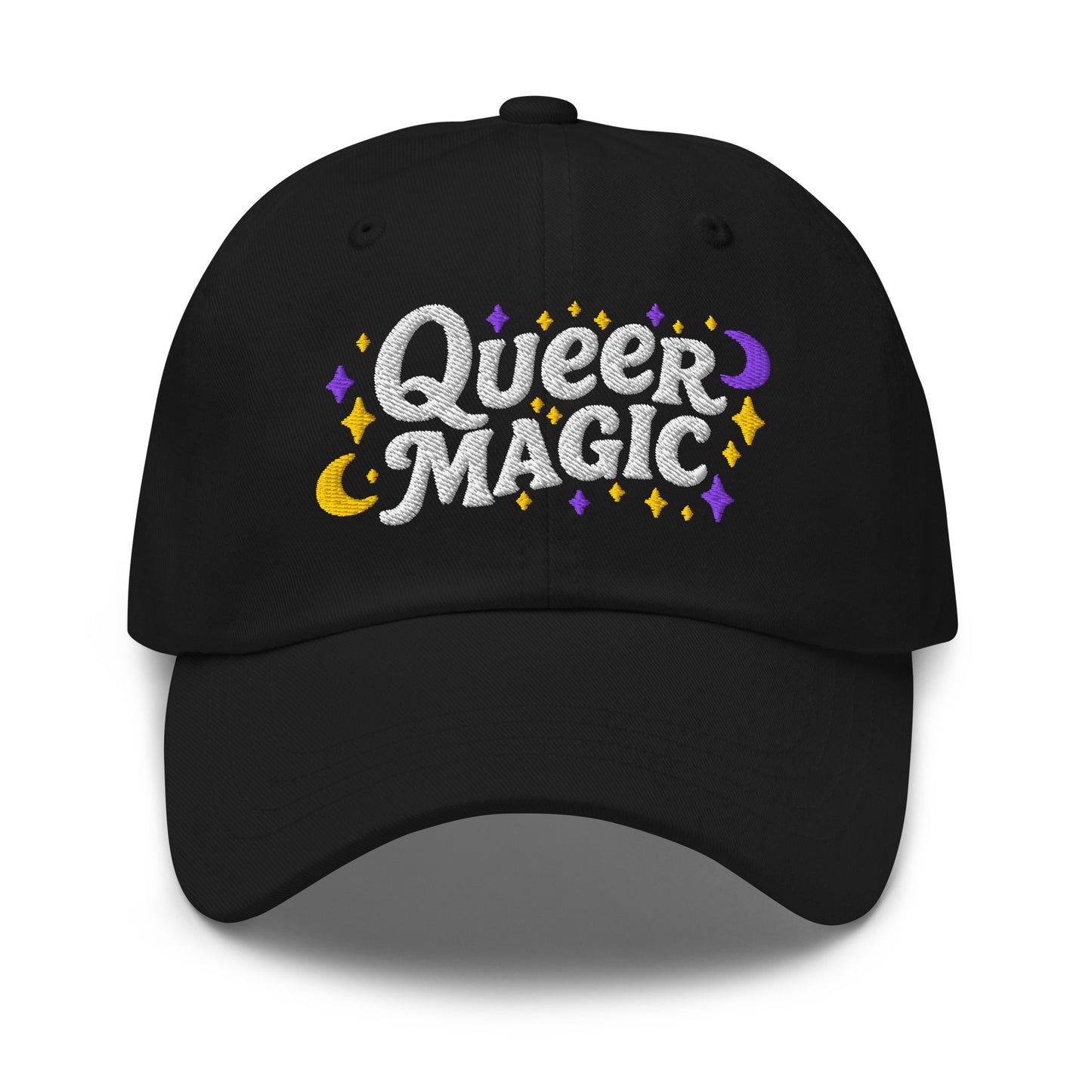 Front View Image: Front view of Queer Magic LGBTQ+ Pride Dad Hat with moon and stars graphic