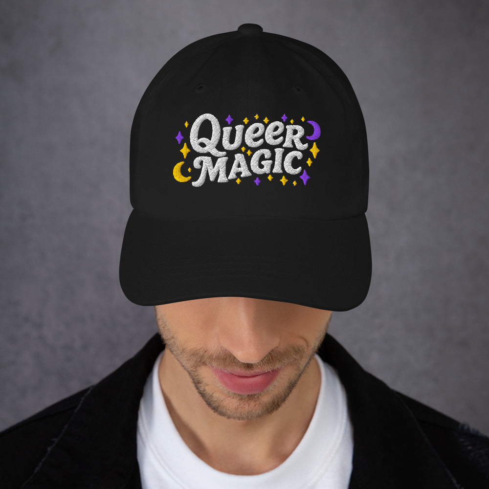 Lifestyle Image: Person wearing Queer Magic LGBTQ+ Rights Dad Hat at a Pride event