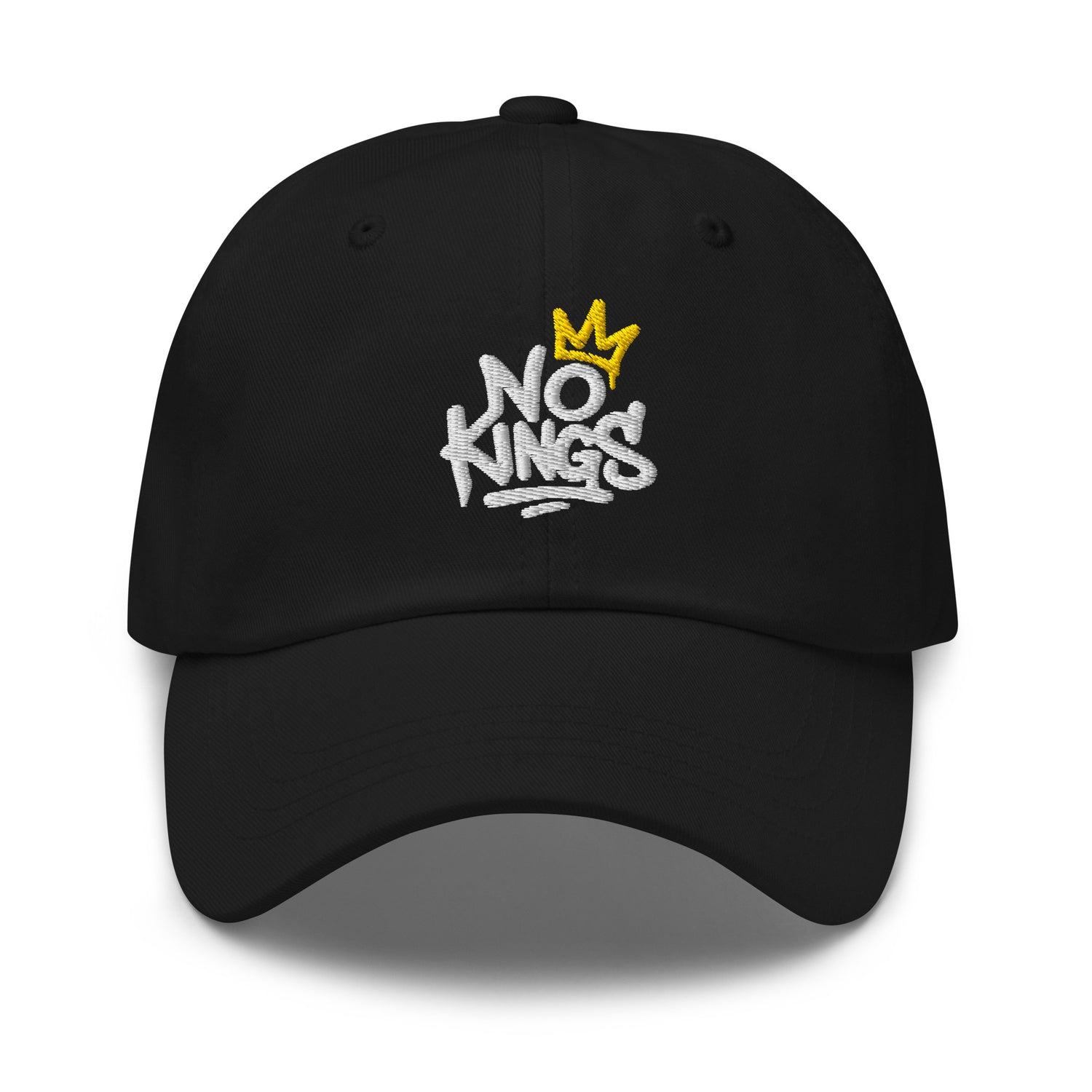 Front View Image: Black dad hat with graffiti-style "No Kings" and yellow crown
