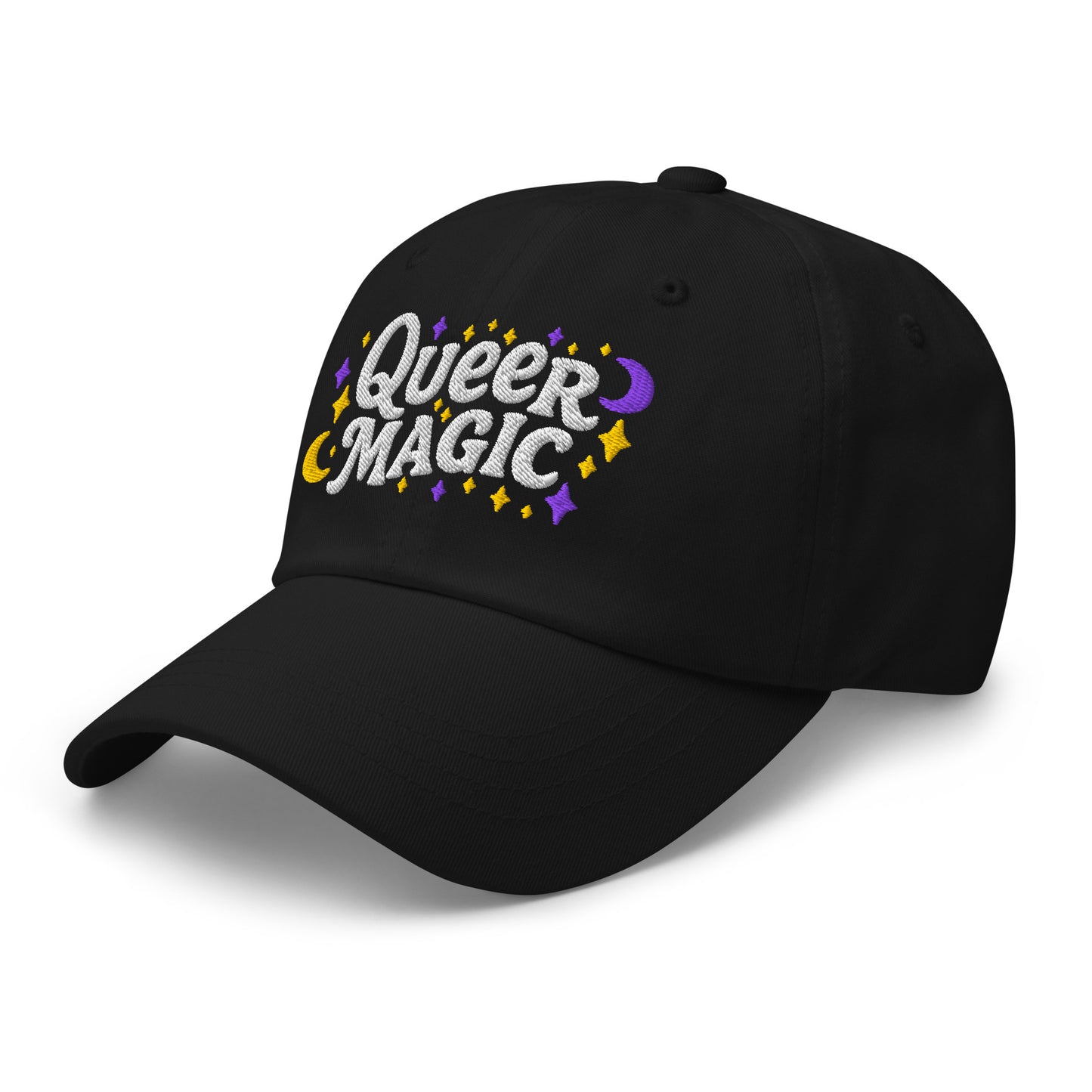 Front Side View Image: Front view of Queer Magic LGBTQ+ Pride Dad Hat with moon and stars graphic
