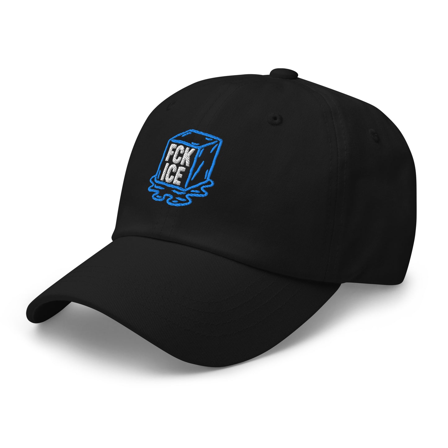 Side Front View Image: Embroidered dad hat featuring F*CK ICE melting cube graphic