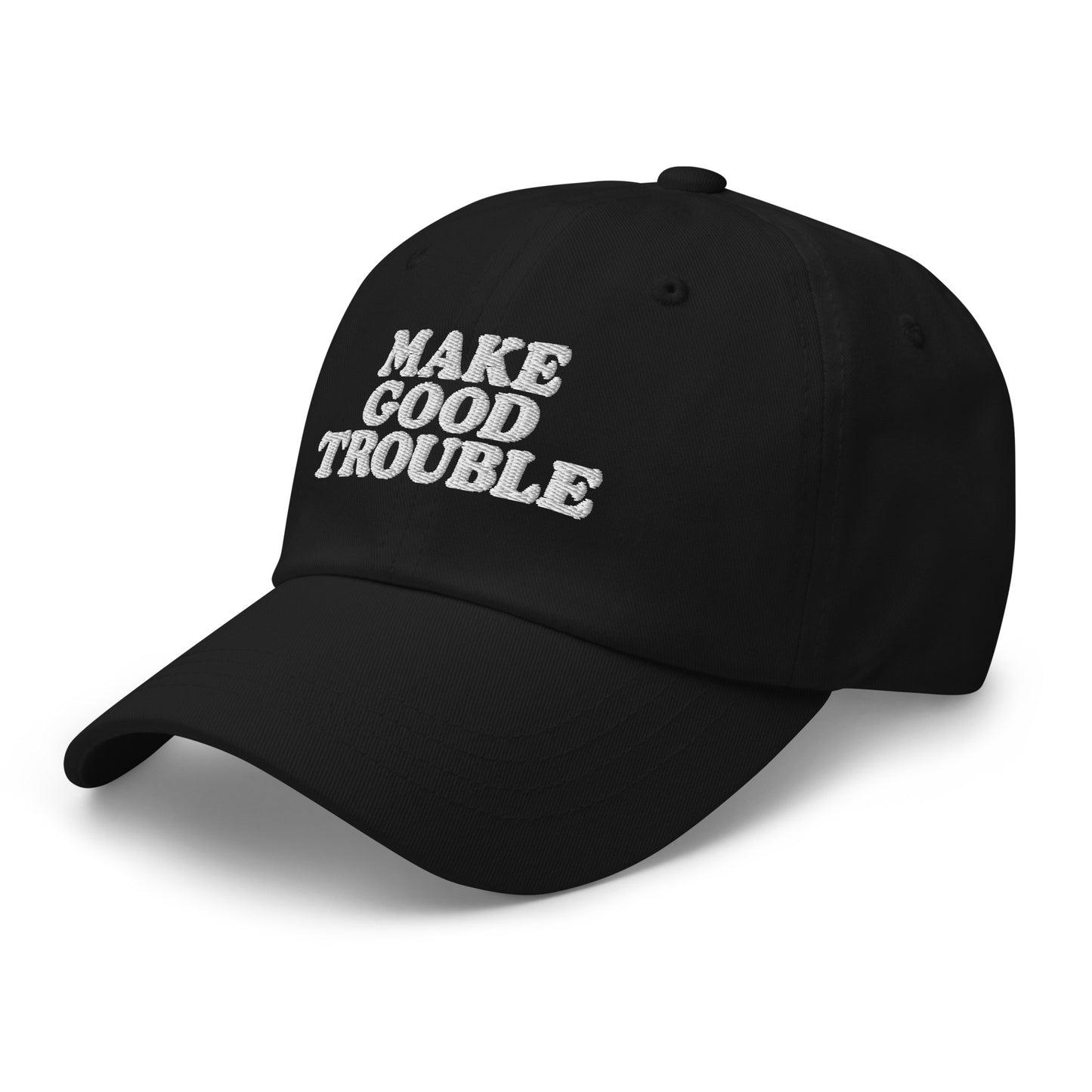 Side Front view of the John Lewis "Make Good Trouble" Quote Social Justice Dad Hat