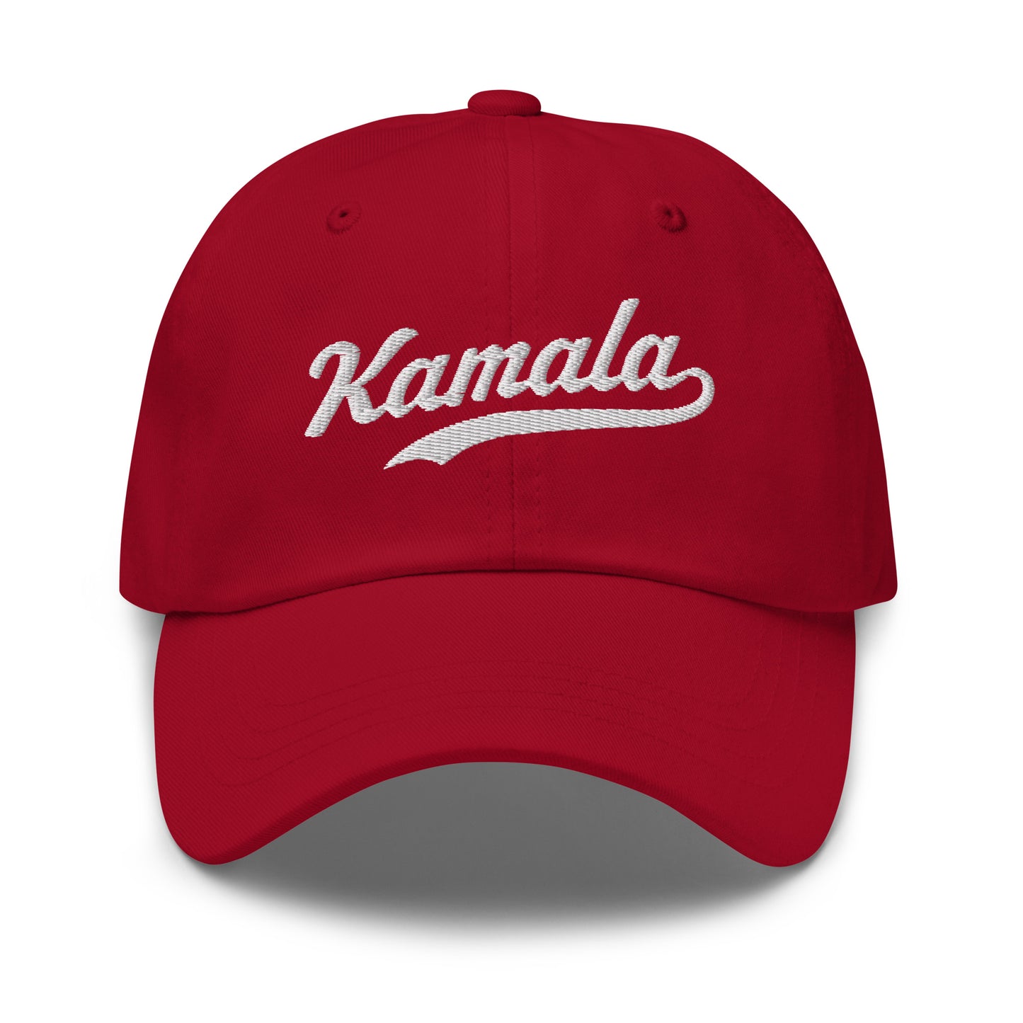 Front view of the Kamala dad hat features Kamala Harris's iconic name in classic embroidered script